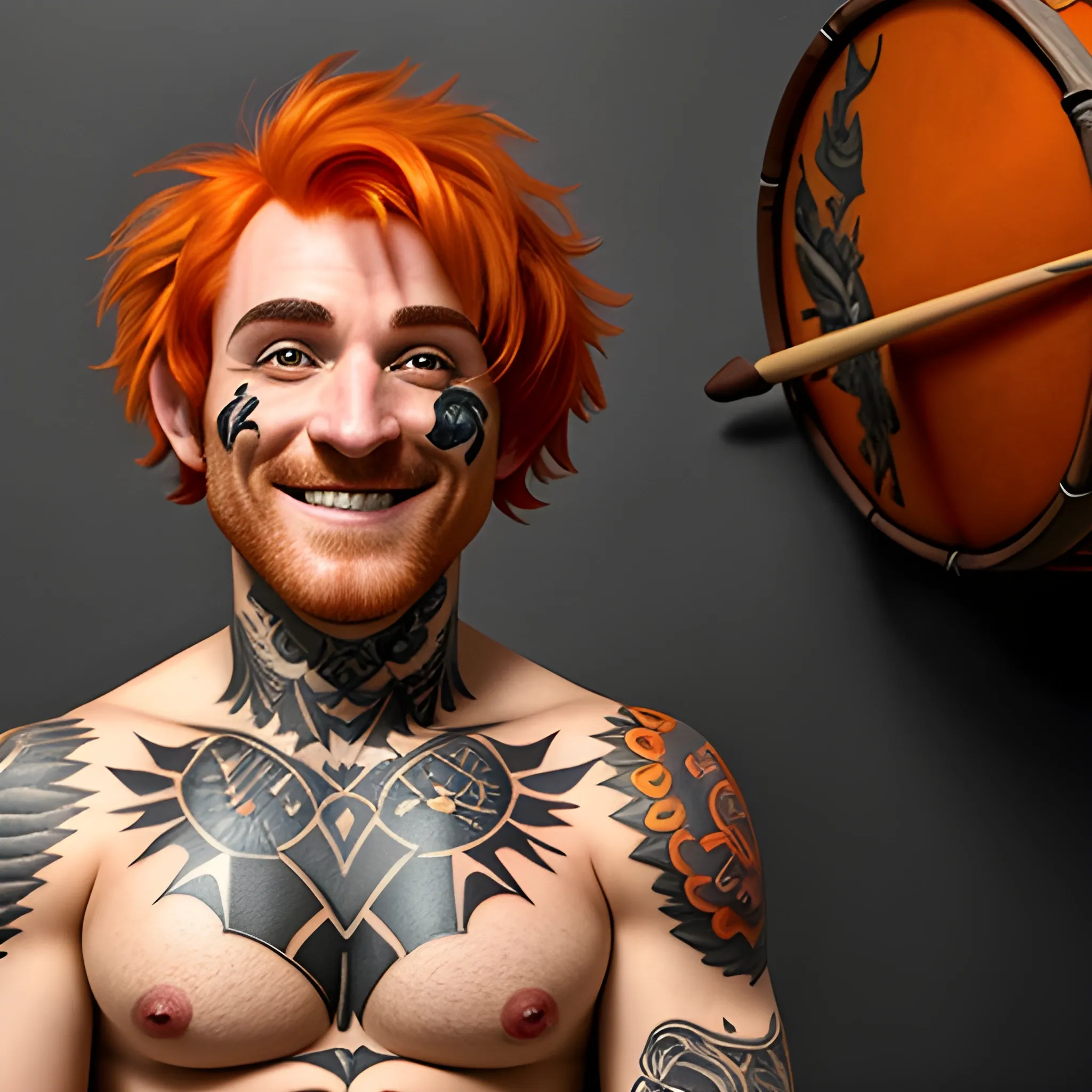 DnD  weakshaped  young baby face halfling male short haired halfling dark orange ginger with a tattoo smiling with a mugshot expression and playing a small drum 