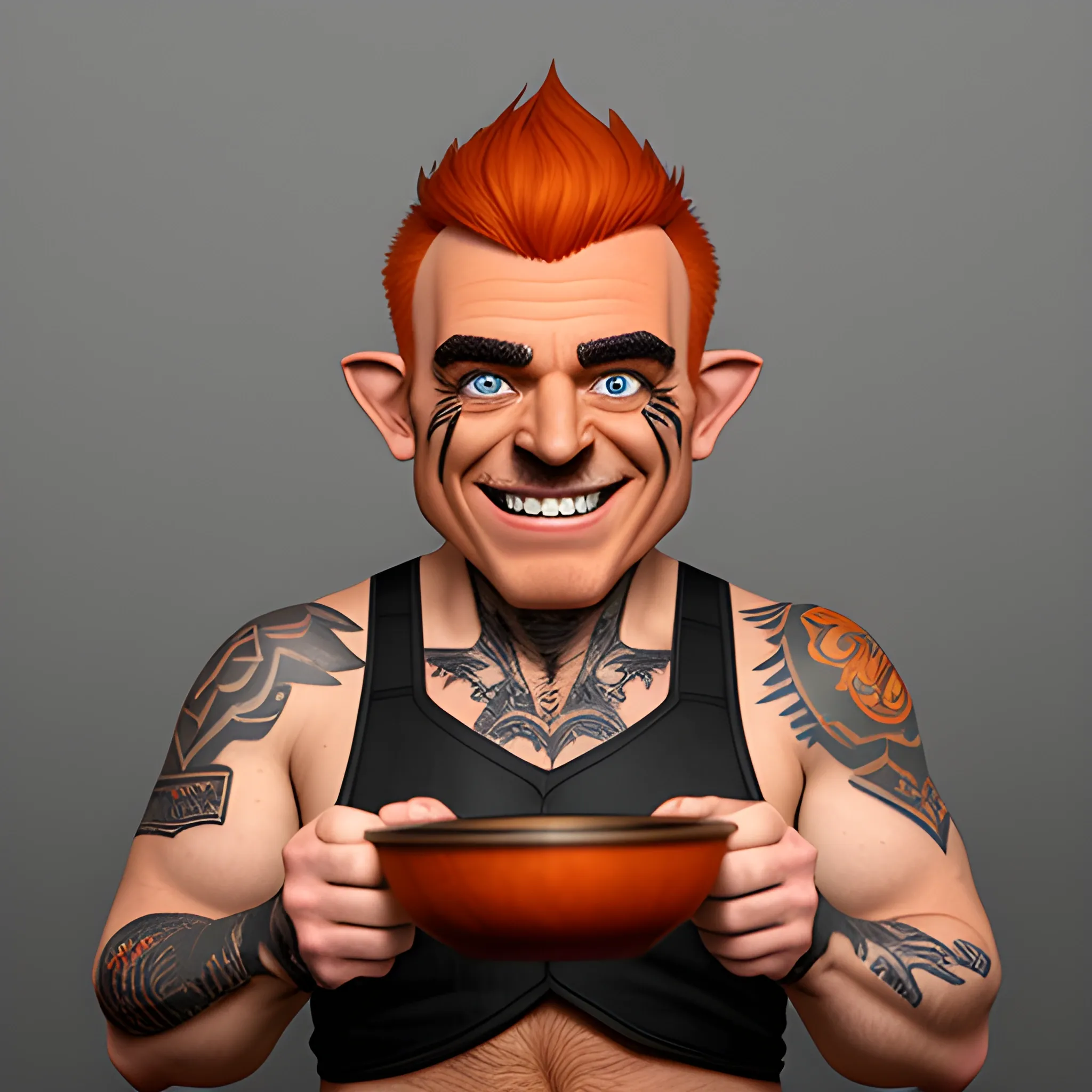 DnD  weak slim shaped  baby face halfling male short haired halfling dark orange ginger with a tattoo smiling with a mugshot expression and playing a small drum 