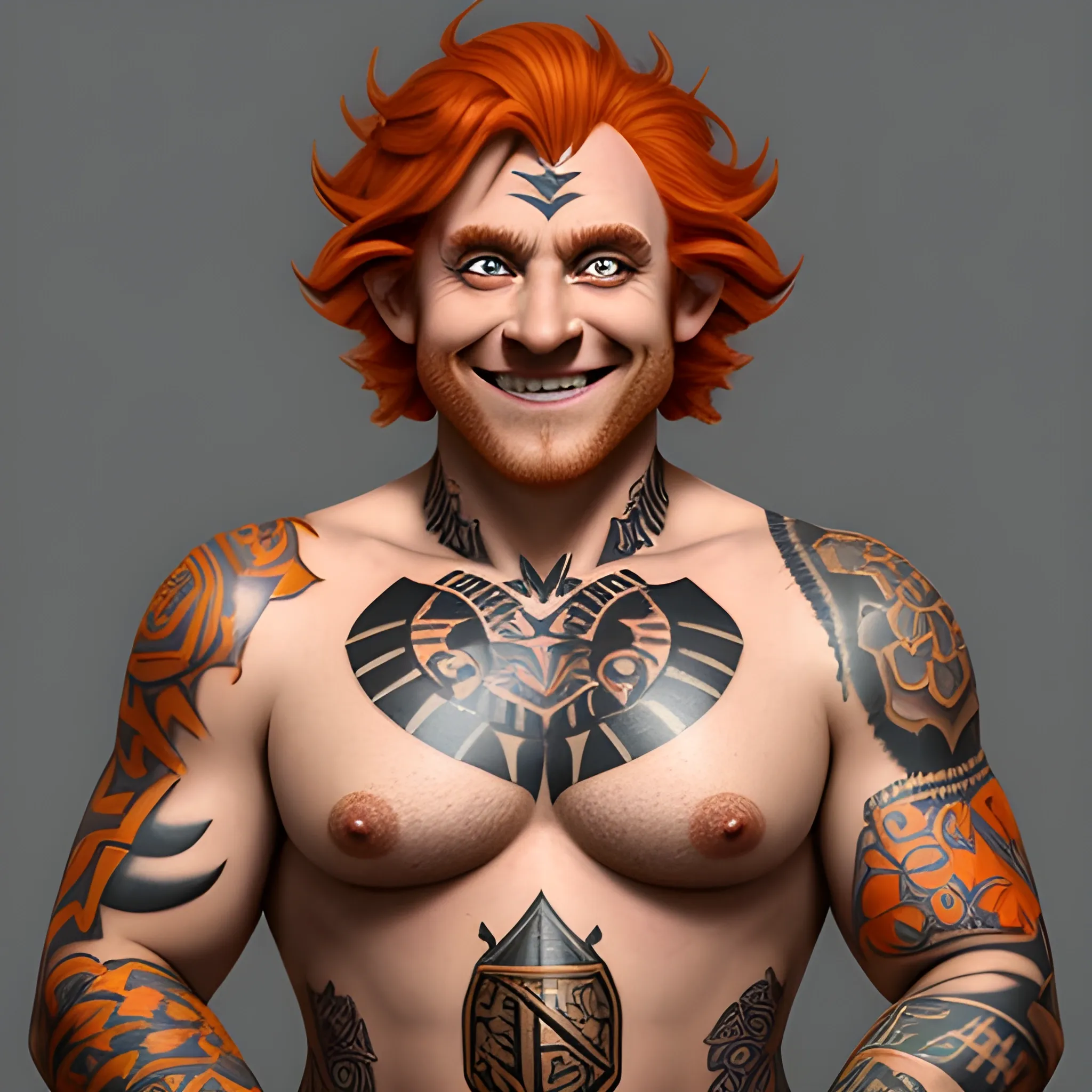 DnD  weak slim shaped  baby face halfling male short haired halfling dark orange ginger with a shoulder tattoo smiling with a mugshot expression and playing a small drum 