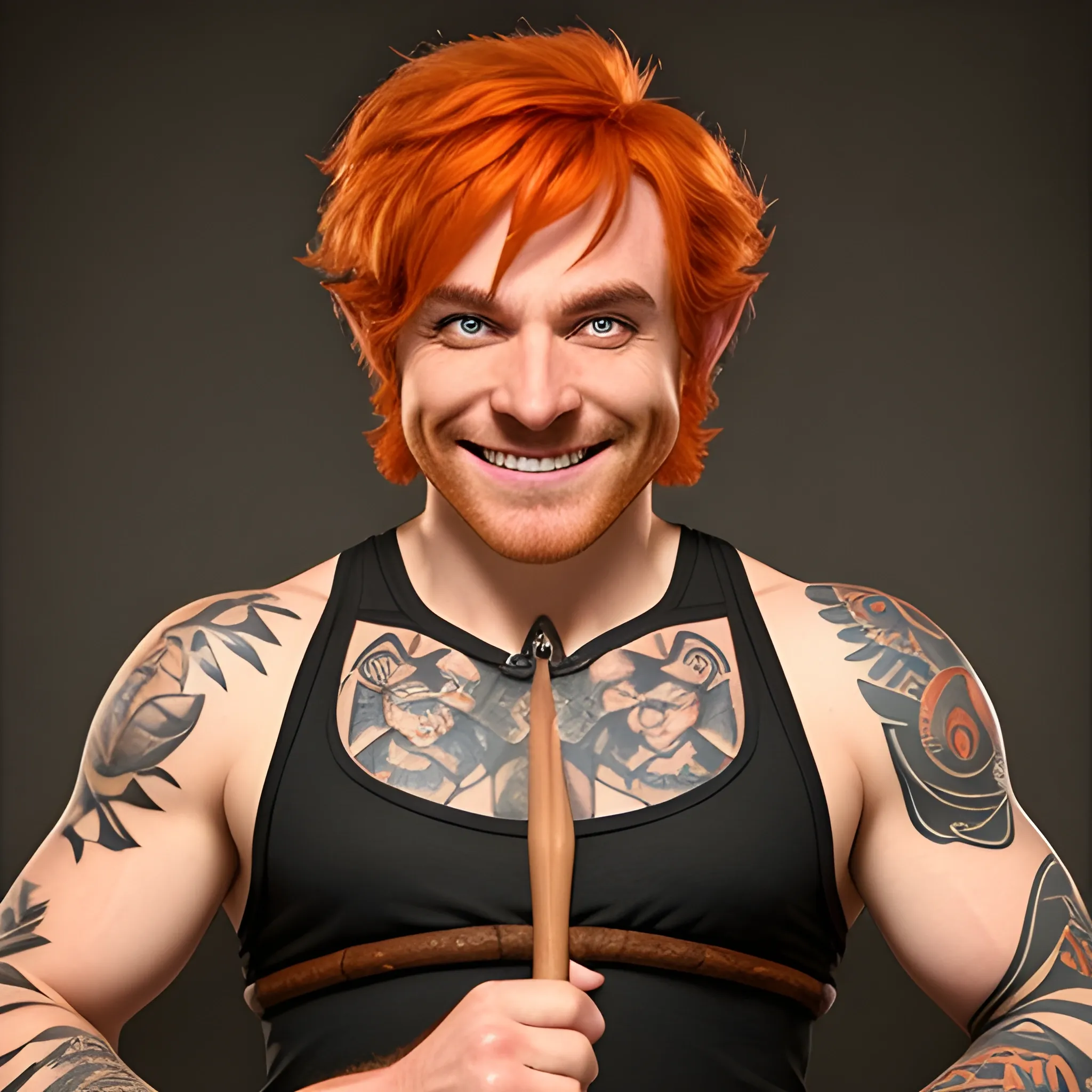 DnD  weak slim baby face halfling male short haired dark orange ginger with a shoulder tattoo smiling with a mugshot expression and playing a small drum 