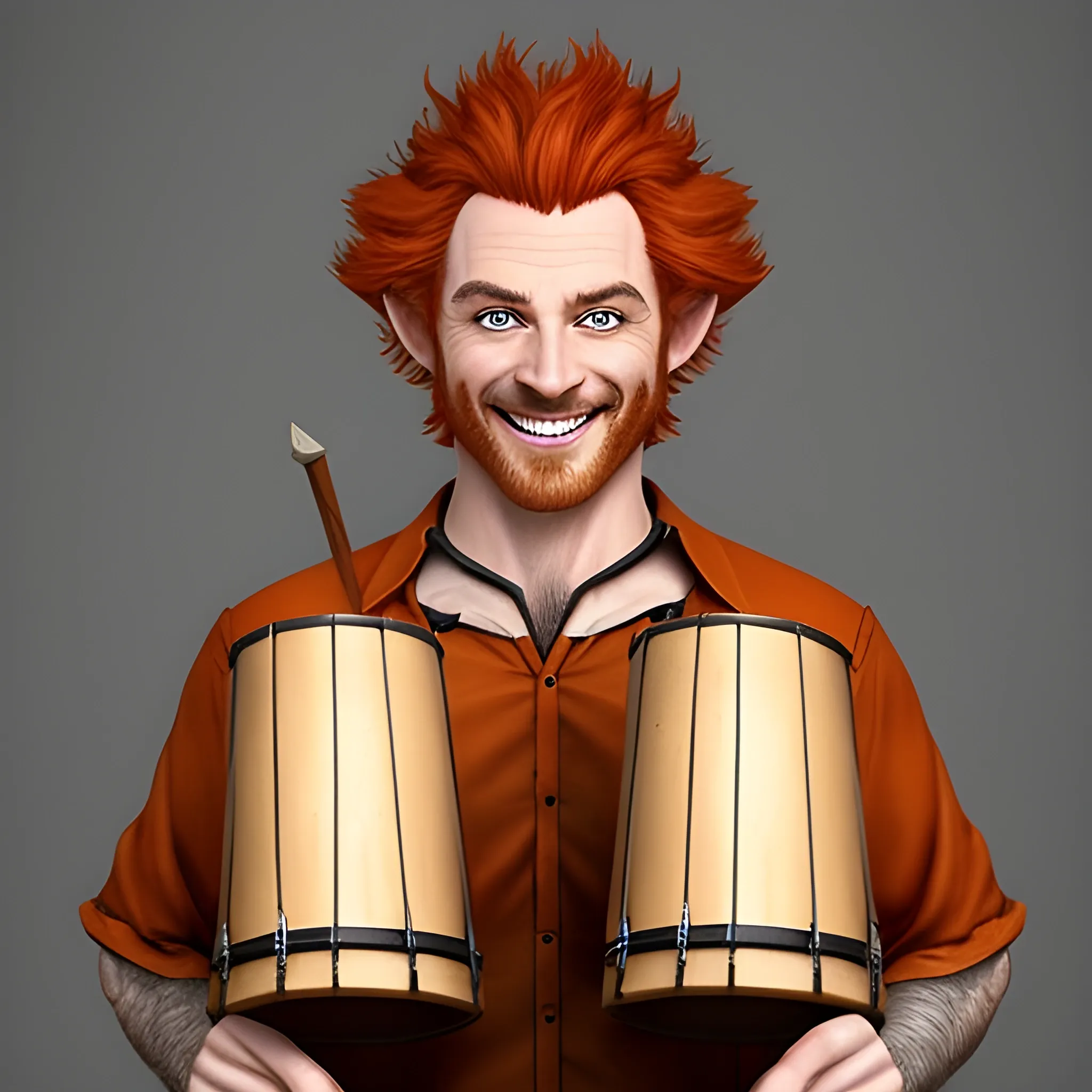 DnD  weak slim baby face halfling male short haired dark orange ginger with smiling with a mugshot expression and playing a small drum 