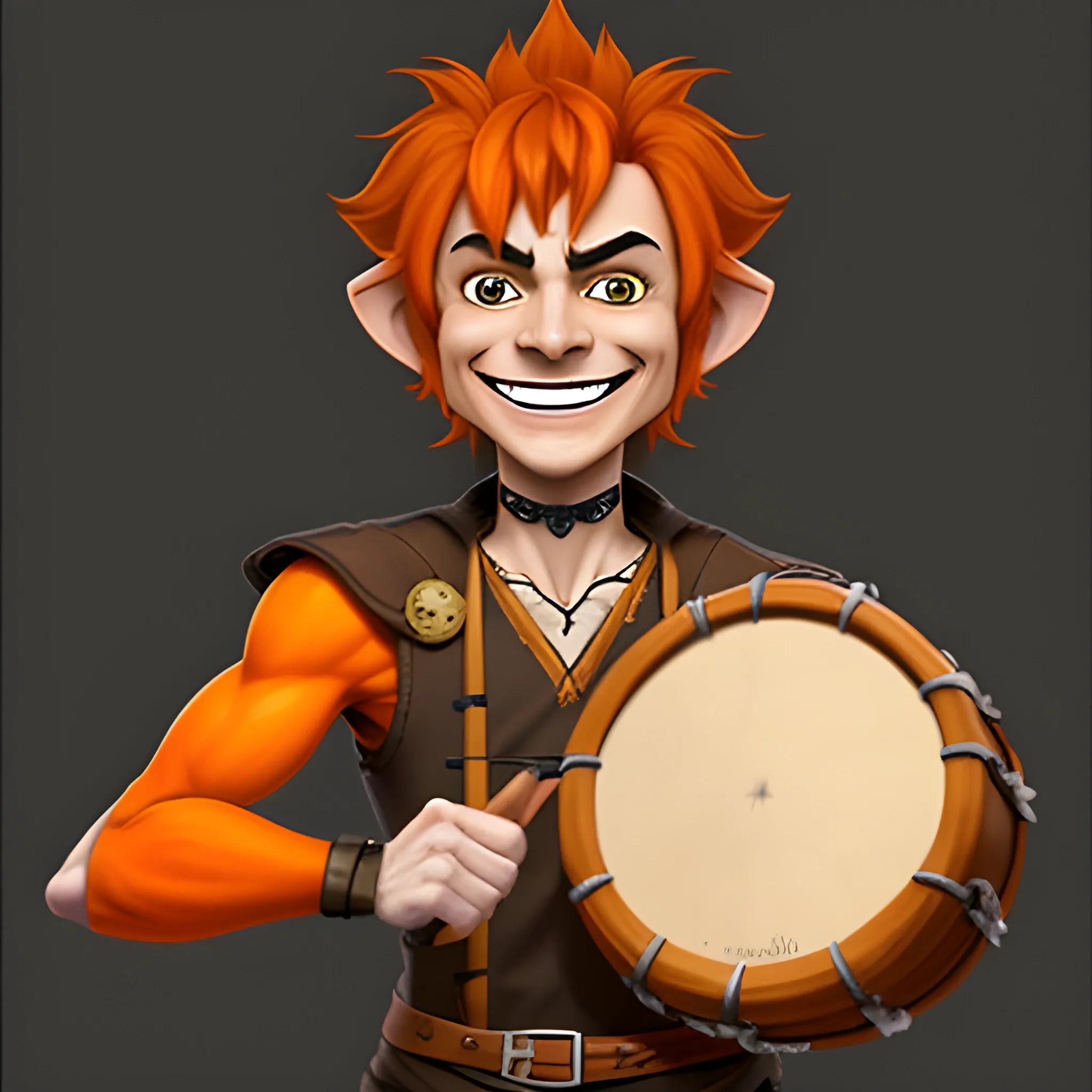 DnD  thin skinny baby face young halfling male short haired dark orange ginger with smiling with a mugshot expression and playing a drum
