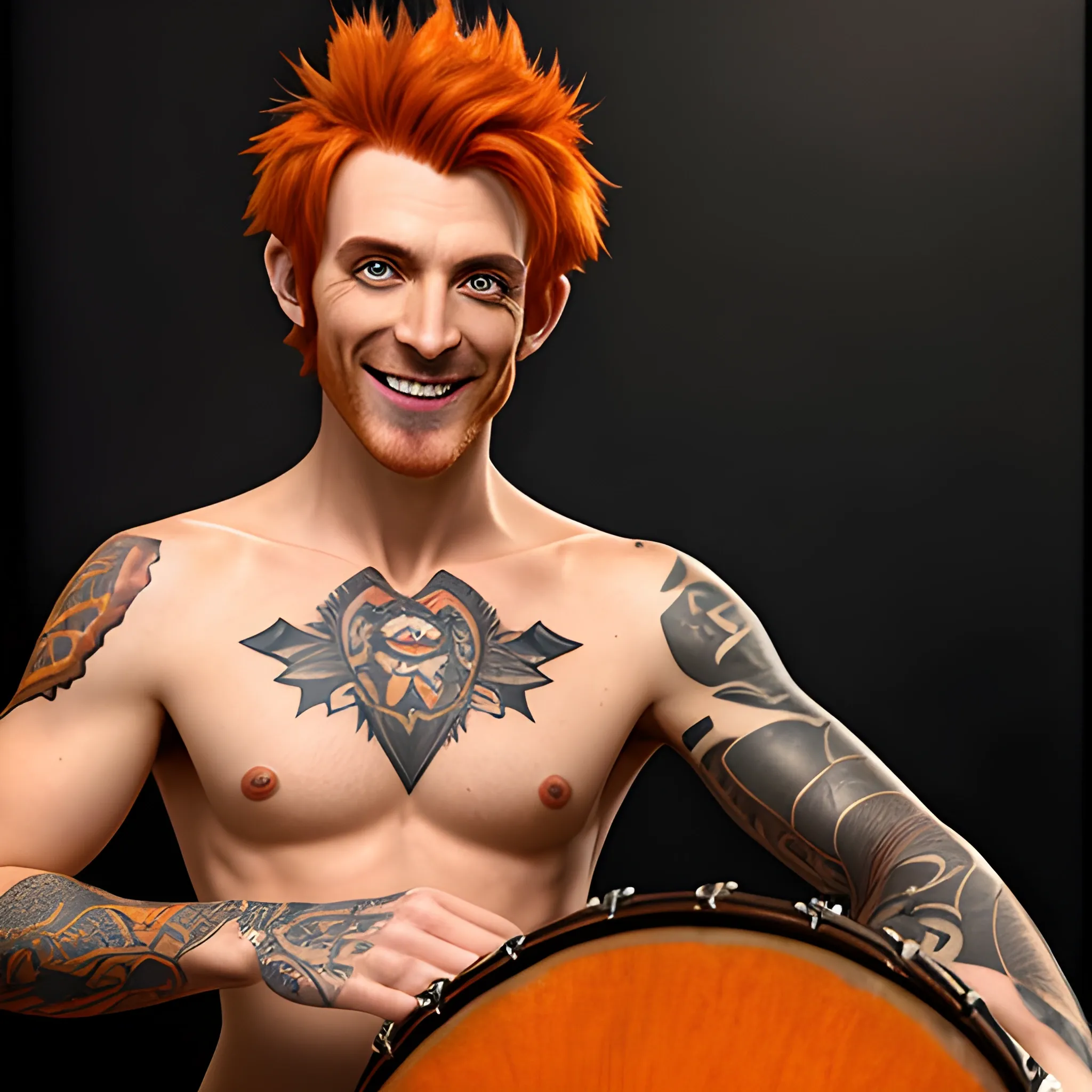 DnD  thin skinny baby face young halfling male short haired dark orange ginger with a chest tatoo smiling with a mugshot expression and playing a drum