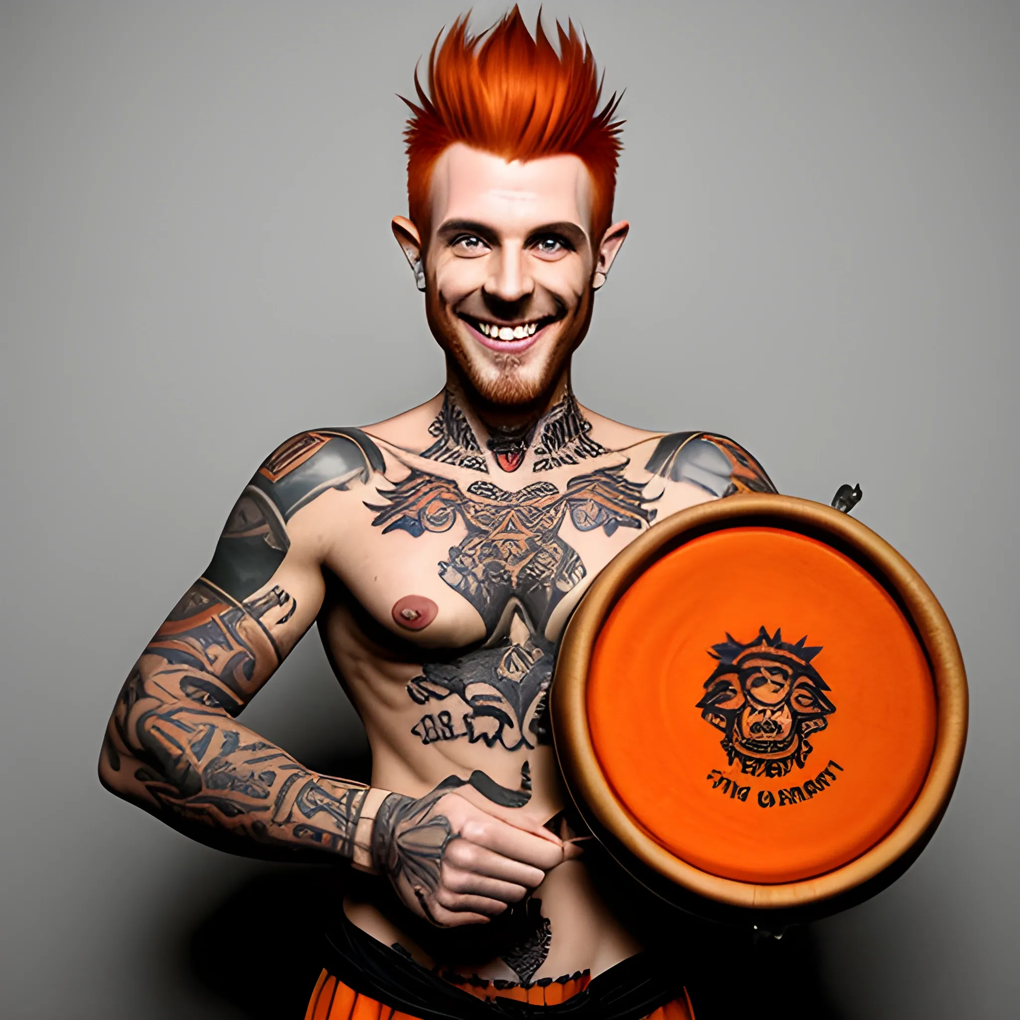 DnD  thin skinny non muscular baby face young halfling male short haired dark orange ginger with a neck tattoo smiling with a mugshot expression and playing a drum