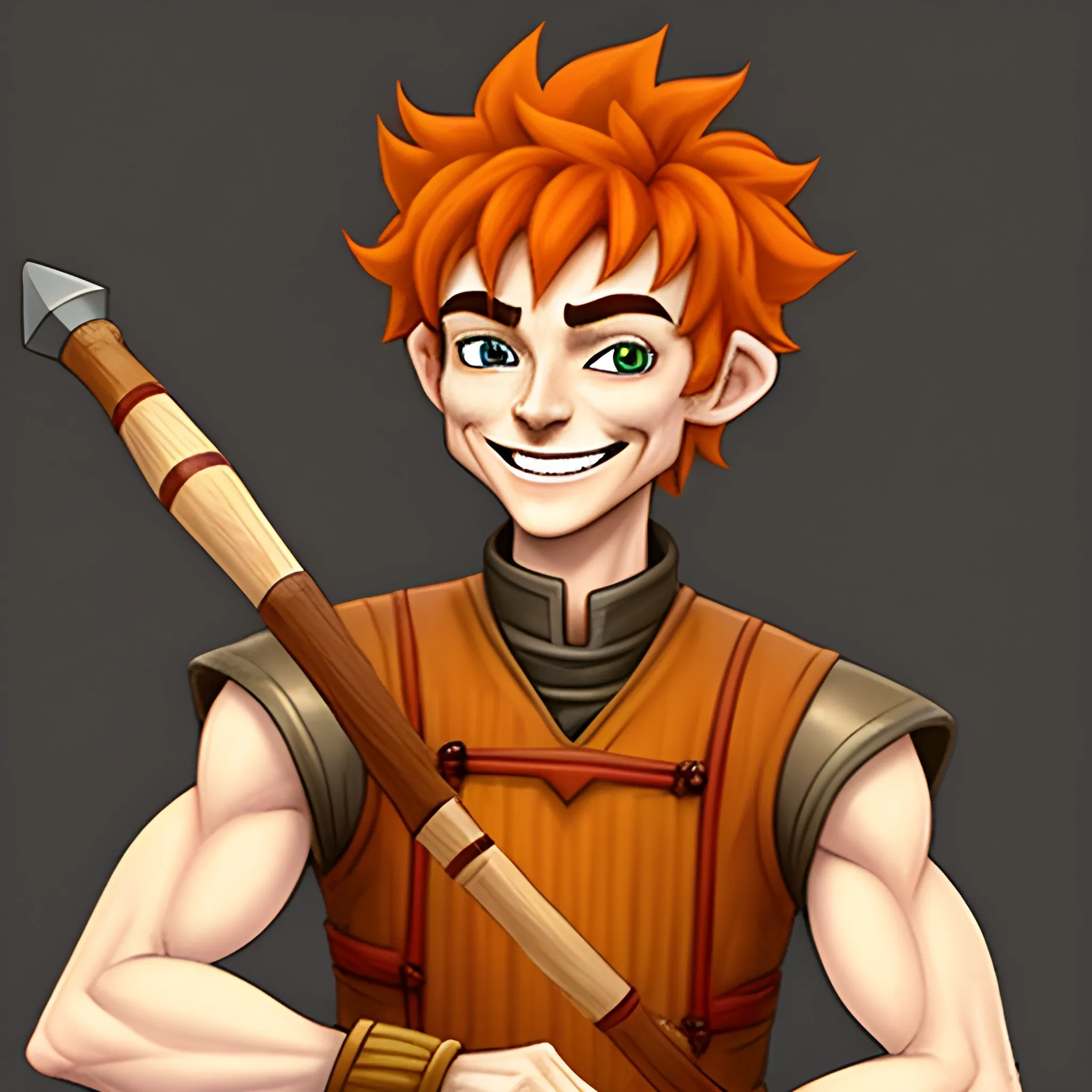 DnD  thin skinny non muscular baby face young halfling male short haired dark orange ginger smiling with a mugshot expression and playing a drum