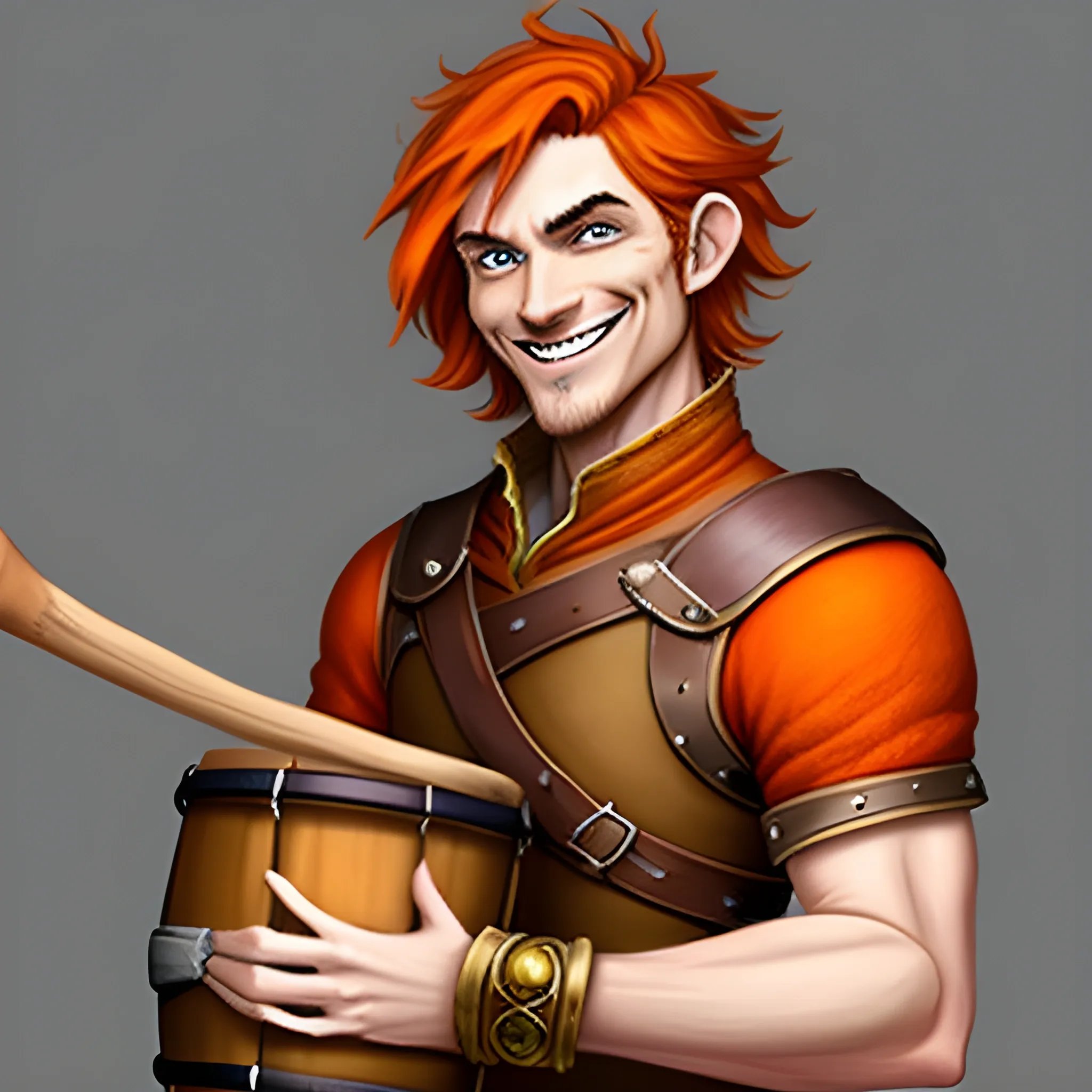 DnD fantasy thin skinny baby face young halfling male short haired dark orange ginger smiling with a mugshot expression and playing a drum