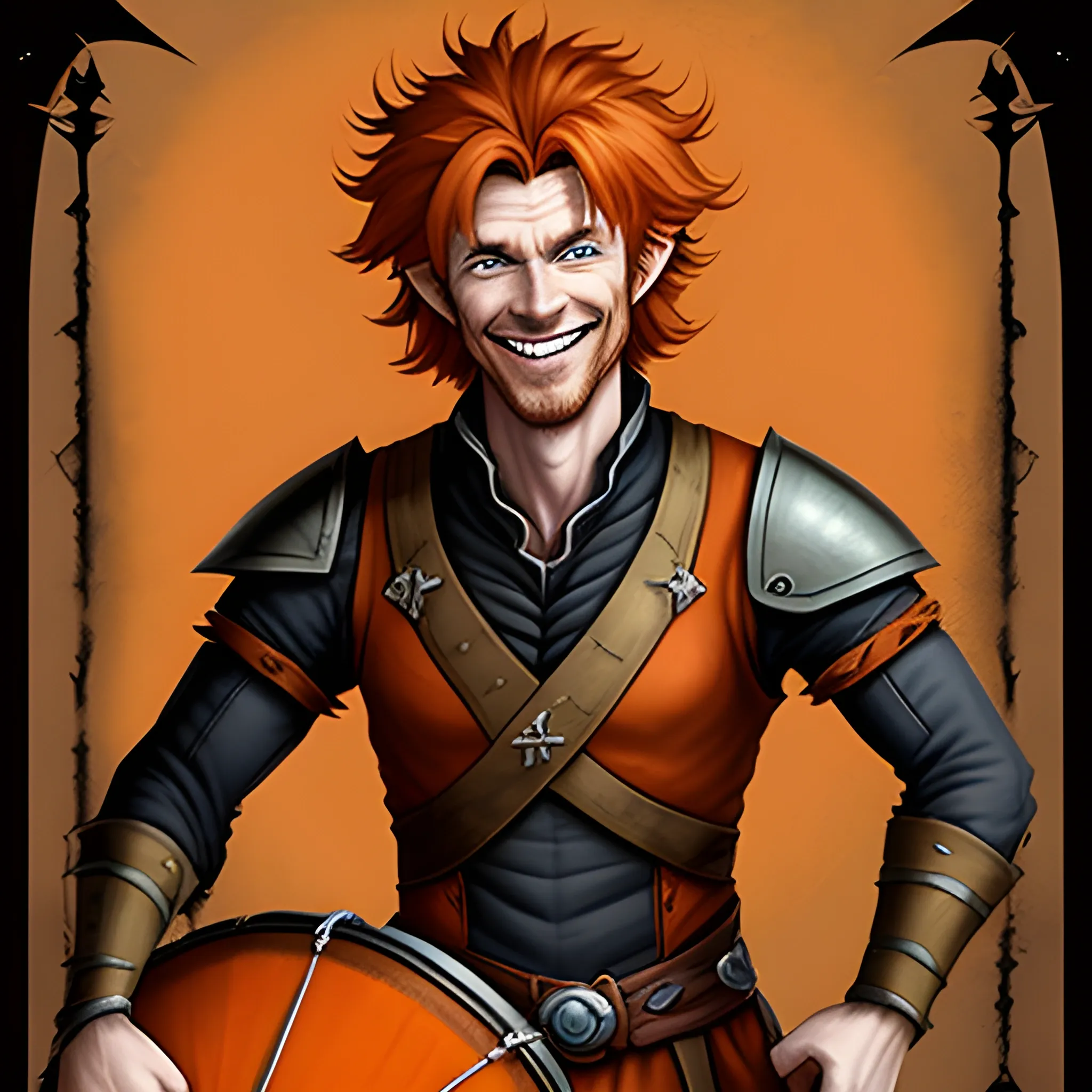 DnD fantasy frail skinny baby face tennage halfling male short haired dark orange ginger smiling with a mugshot expression and playing a drum