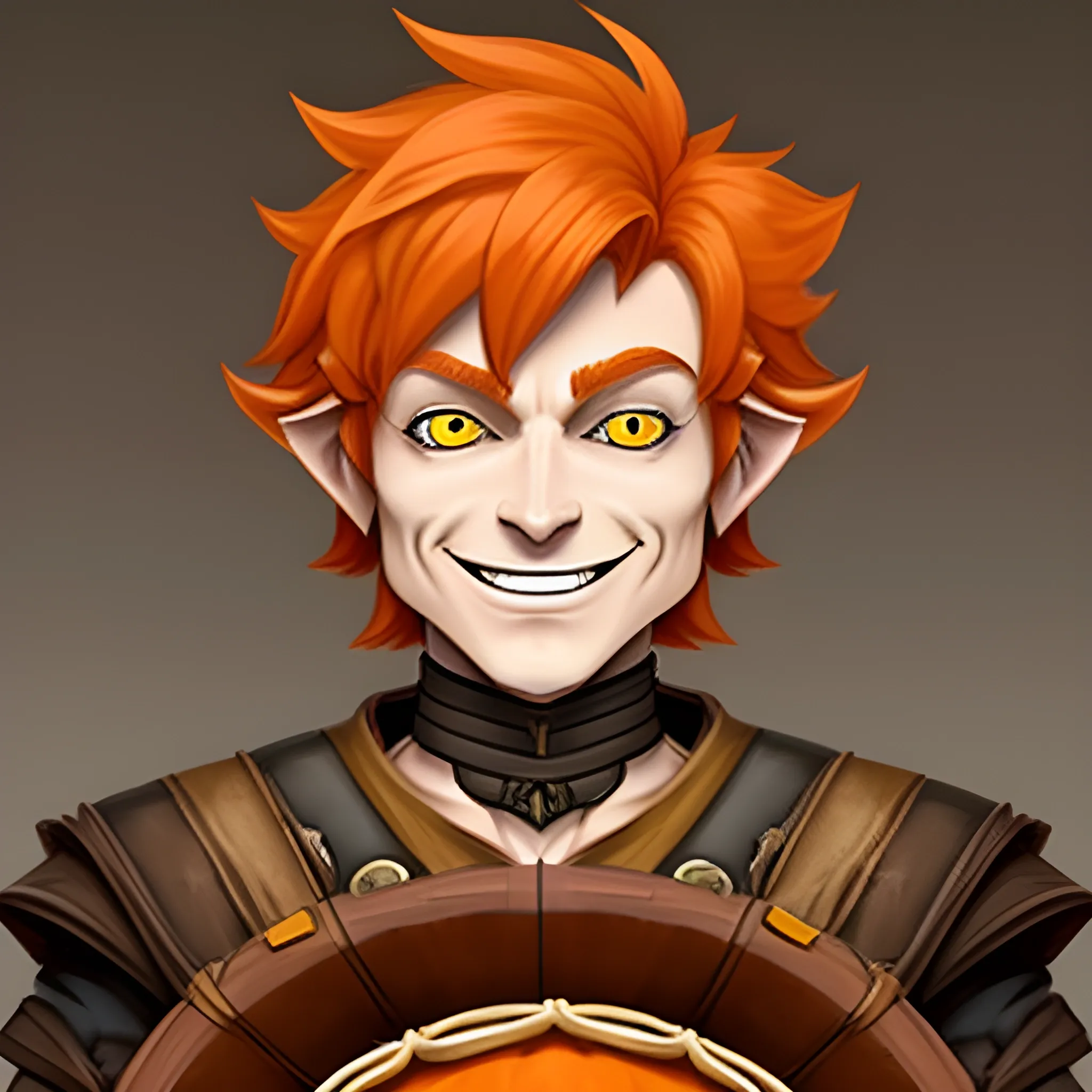 DnD fantasy frail skinny baby face tennage halfling male short haired dark orange ginger smiling with a mugshot expression and playing a drum