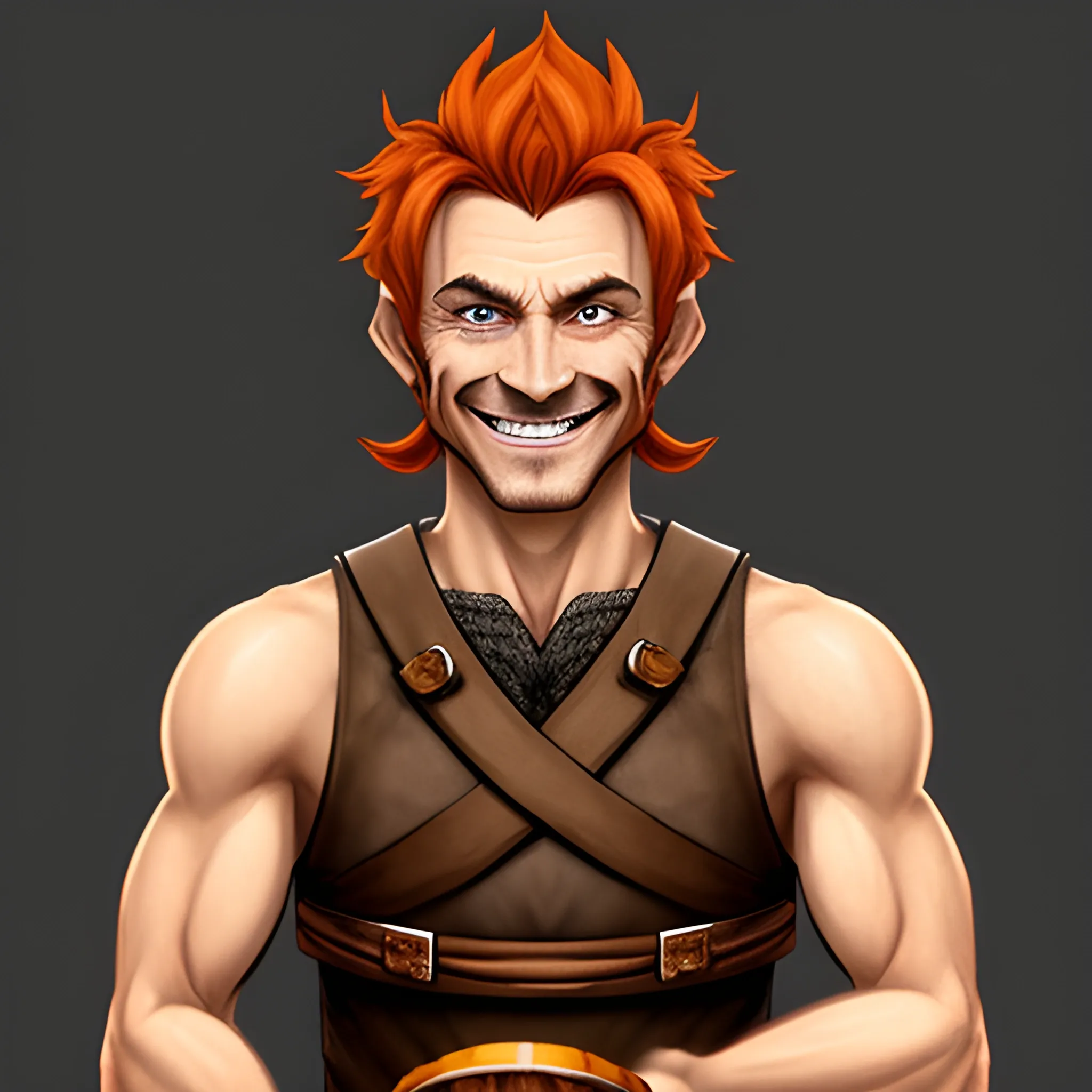 DnD fantasy frail skinny kid looking face tennage halfling male short haired dark orange ginger smiling with a mugshot expression and playing a drum