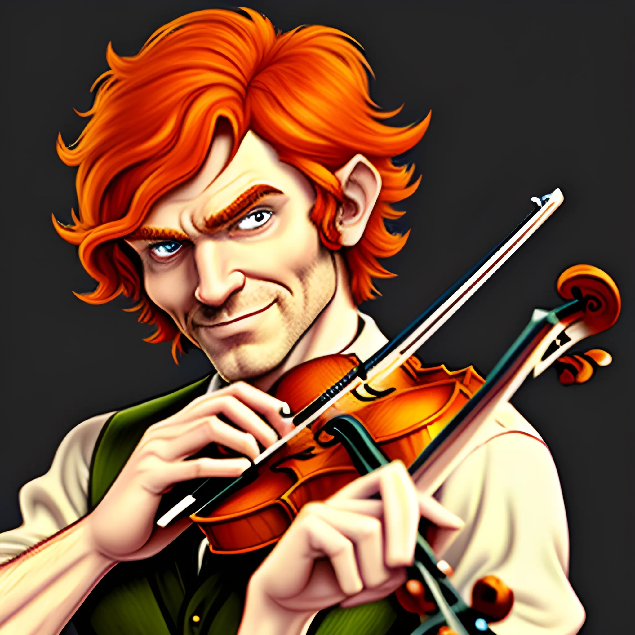 , Cartoon dnd hobbit ginger slim baby face man holding a violin