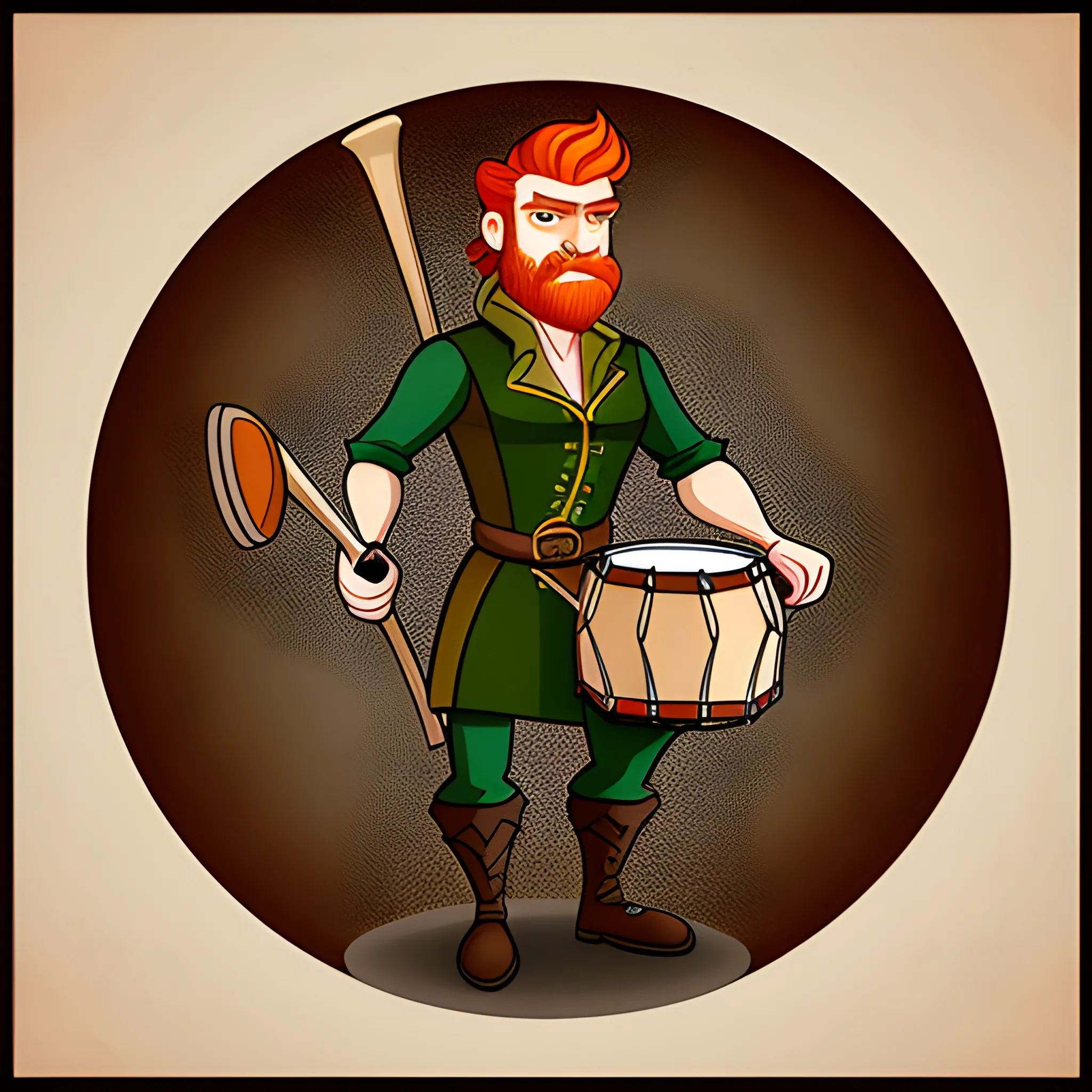 , Cartoon dnd hobbit ginger slim baby face man holding a drum