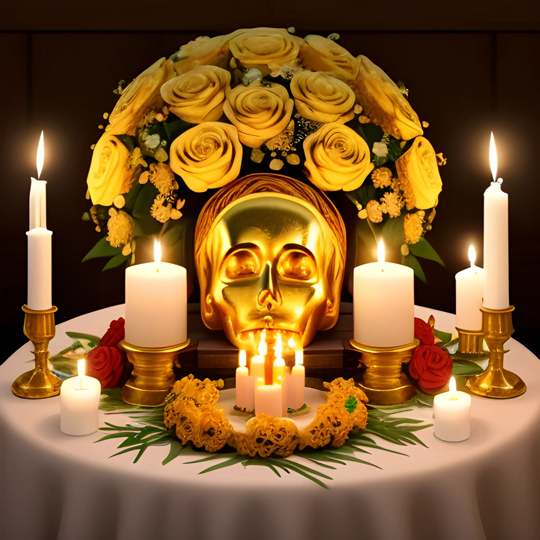 an offering on an altar, with golden roses, a severed head in the center, with a candle on top