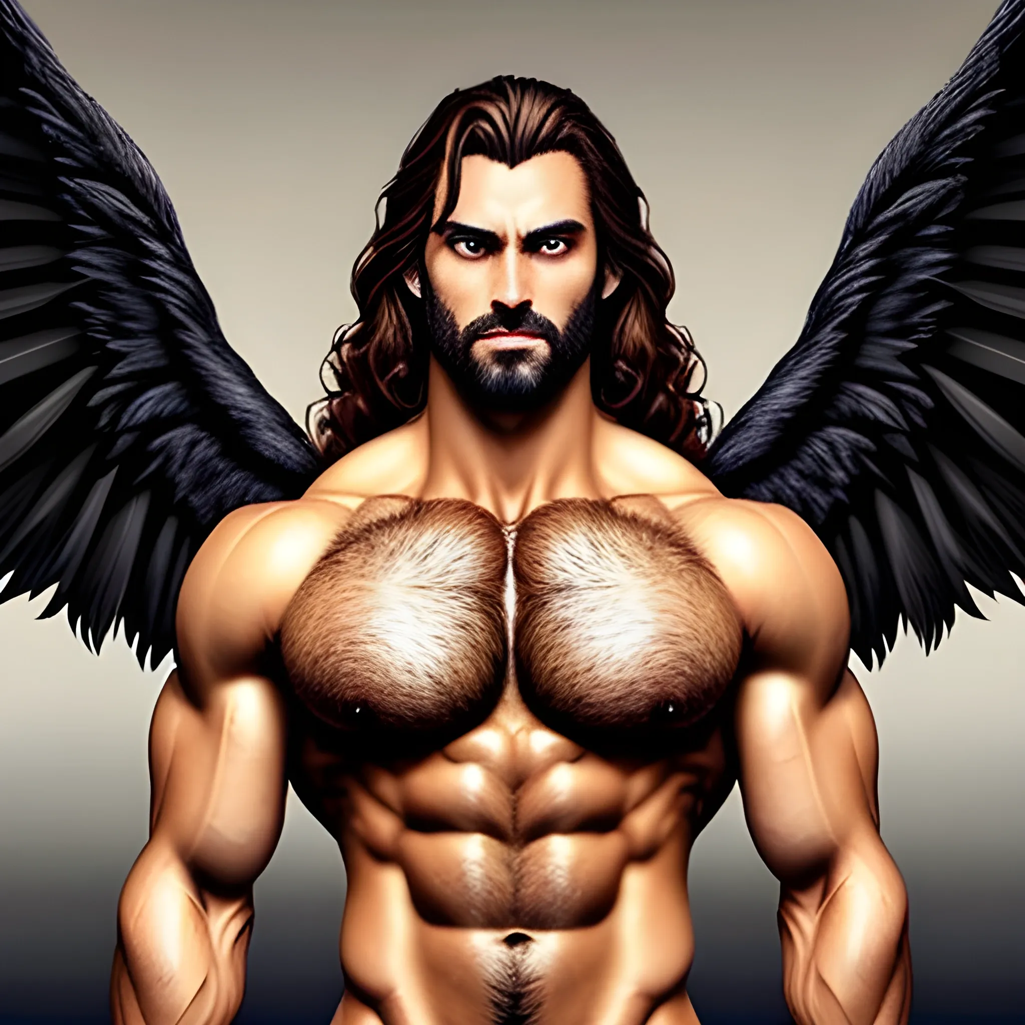 muscular male Devil with expansive Wings,handsome,beauty,muscle, no blurry,dark eyes,hyperealistic standing firmly,german, tanned skin,long curly hair,blondhair,colorfull small tanga with gold details,same facial halves, from side ,happy,whole body with legs,big bulge,dark piercing  eyes,huge bulge,hairy,fine details, young,two identical symmetrical eyes,same colofull eyes, stubble ,blond,very long hair cascading over a hairy Chest,reminiscent of an Angel,gripping a Staff,moon