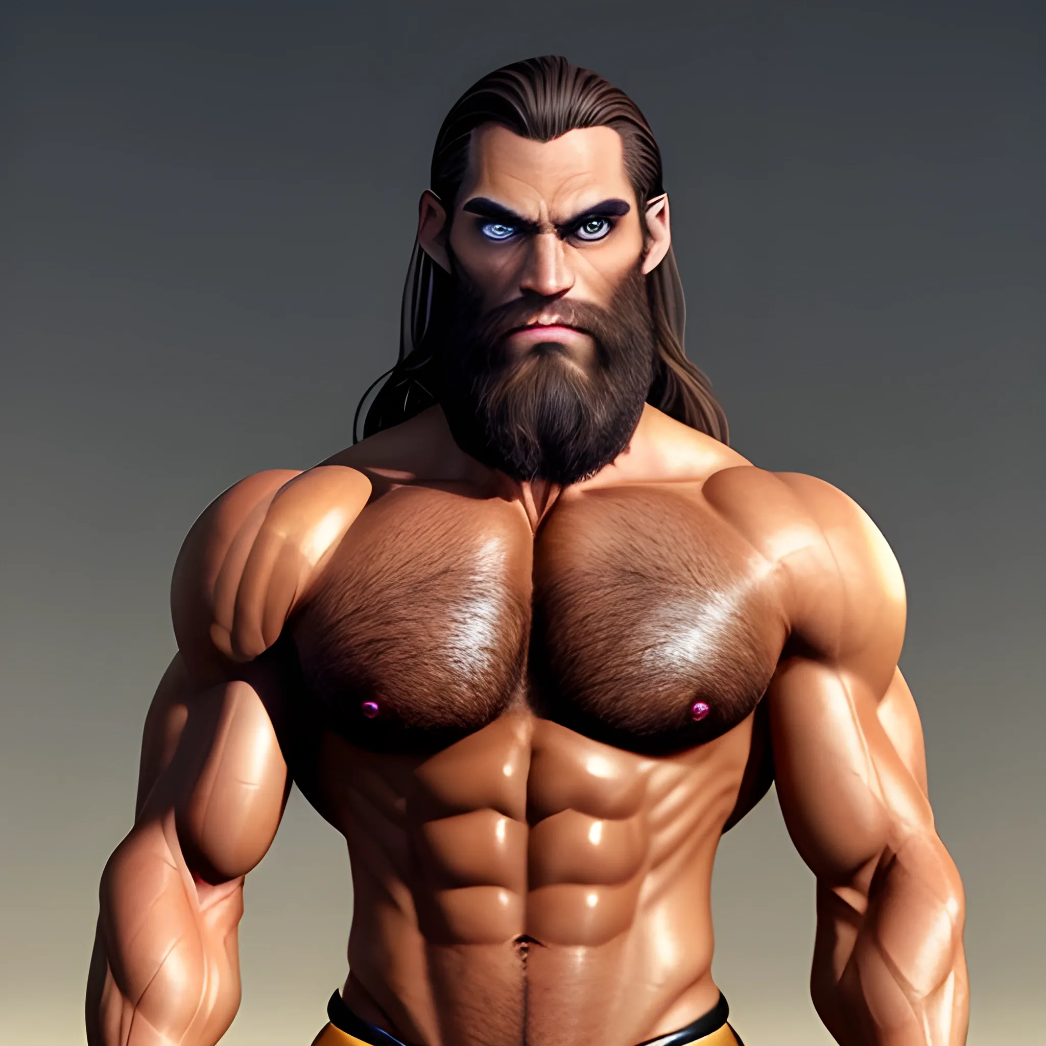 muscular male satyr with hooved feet,handsome,beauty,muscle, no blurry,dark eyes,hyperealistic standing firmly,german, tanned skin,colorfull small tanga with gold details,same facial halves, from side ,happy,whole body with legs,big bulge,dark piercing  eyes,huge bulge,hairy,fine details, young,two identical symmetrical eyes,same colofull eyes, stubble ,hairy Chest,gripping a Staff,moon