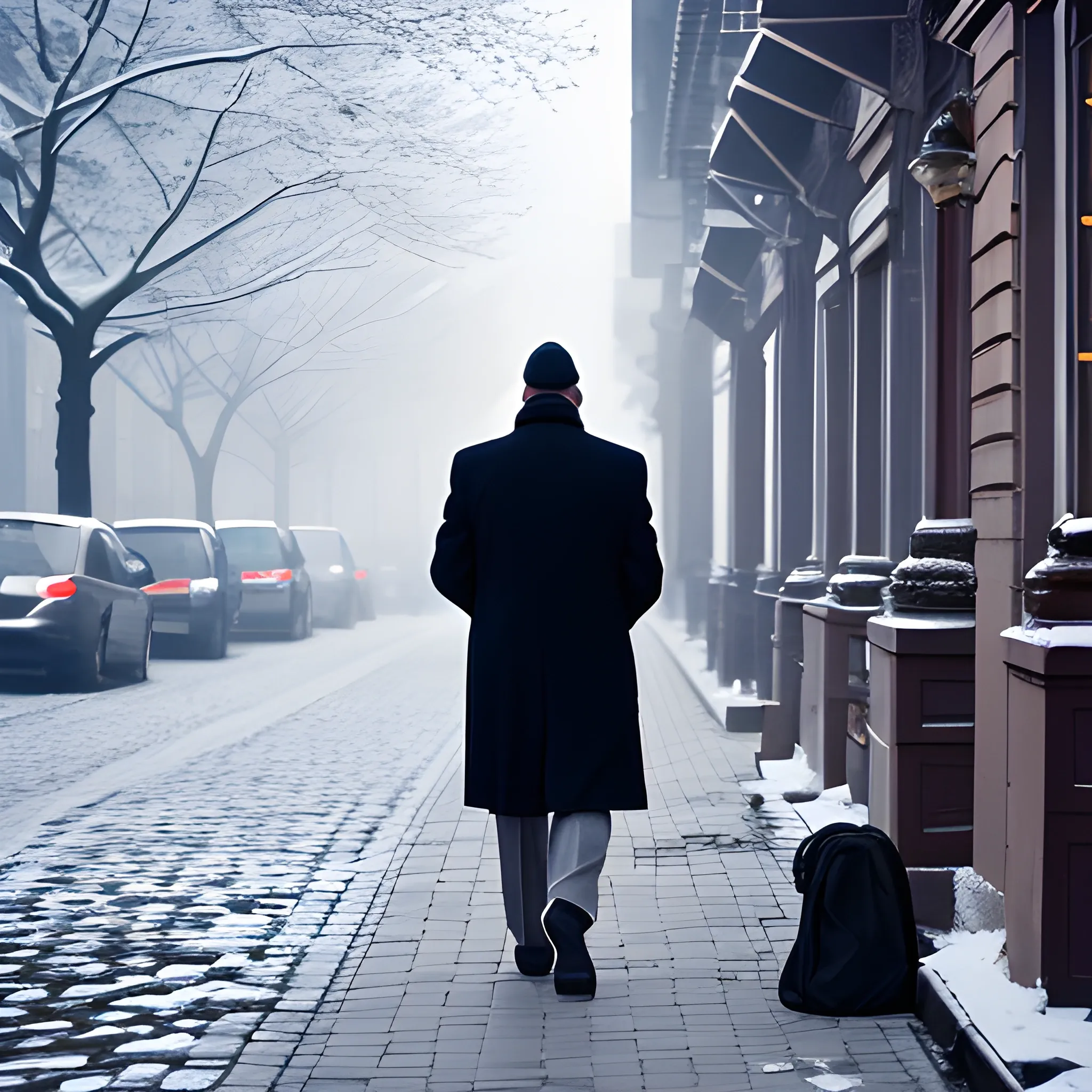 daily brisk walking of a man in the early frosty morning when it is still quite dark in the city 