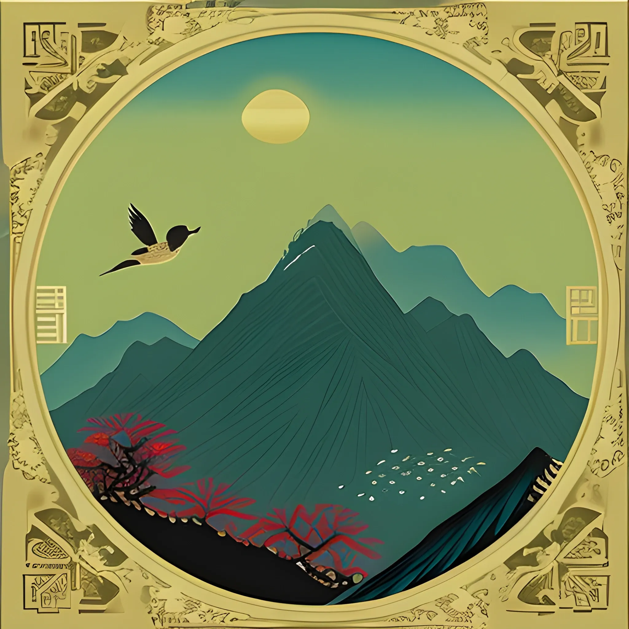  "The Jade Emperor's Bird" with a backdrop of mystical mountains and a silhouette of a majestic bird soaring in the sky. 