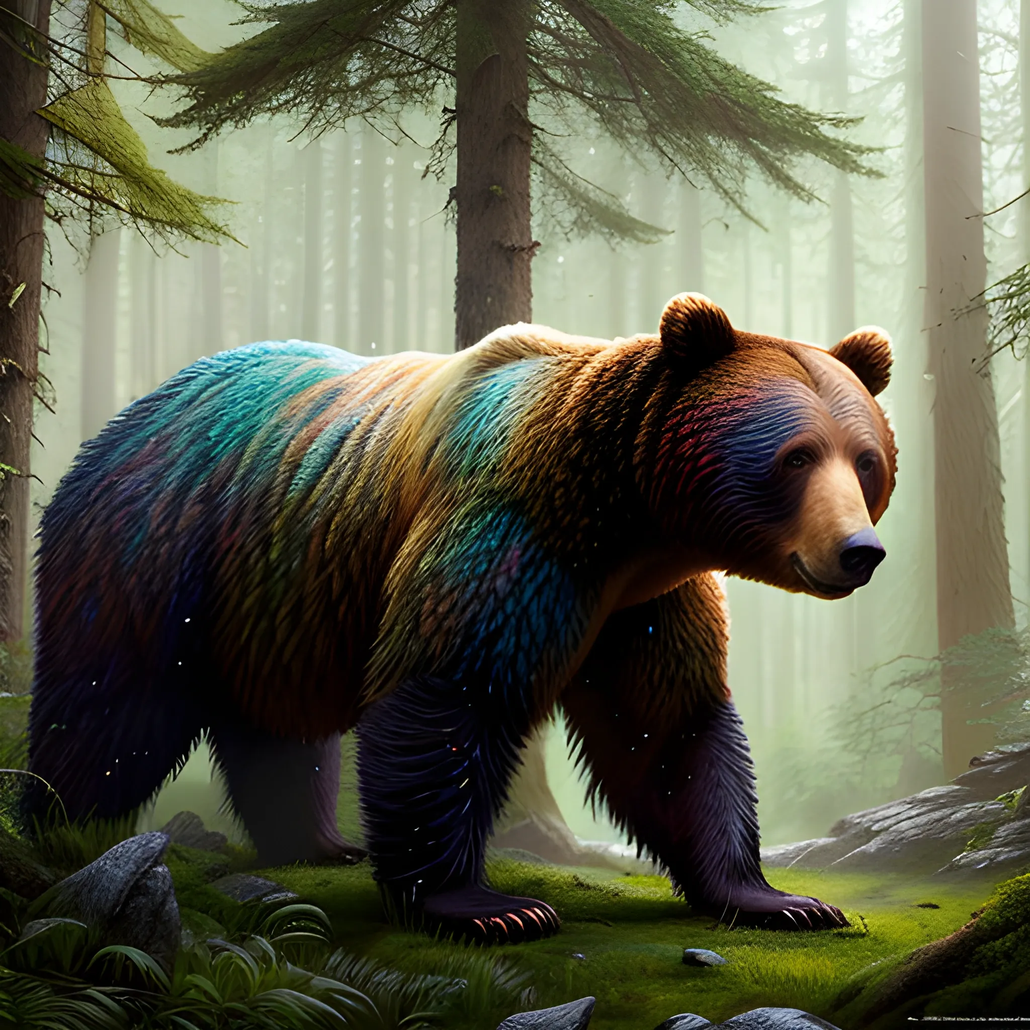 bear in the forest, 8k, high resolution, high quality, photorealistic, hyperrealistic, detailed, detailed matte painting, deep color, fantastical, intricate detail, splash screen, complementary colors, fantasy concept art, 8k resolution trending on Artstation Unreal Engine