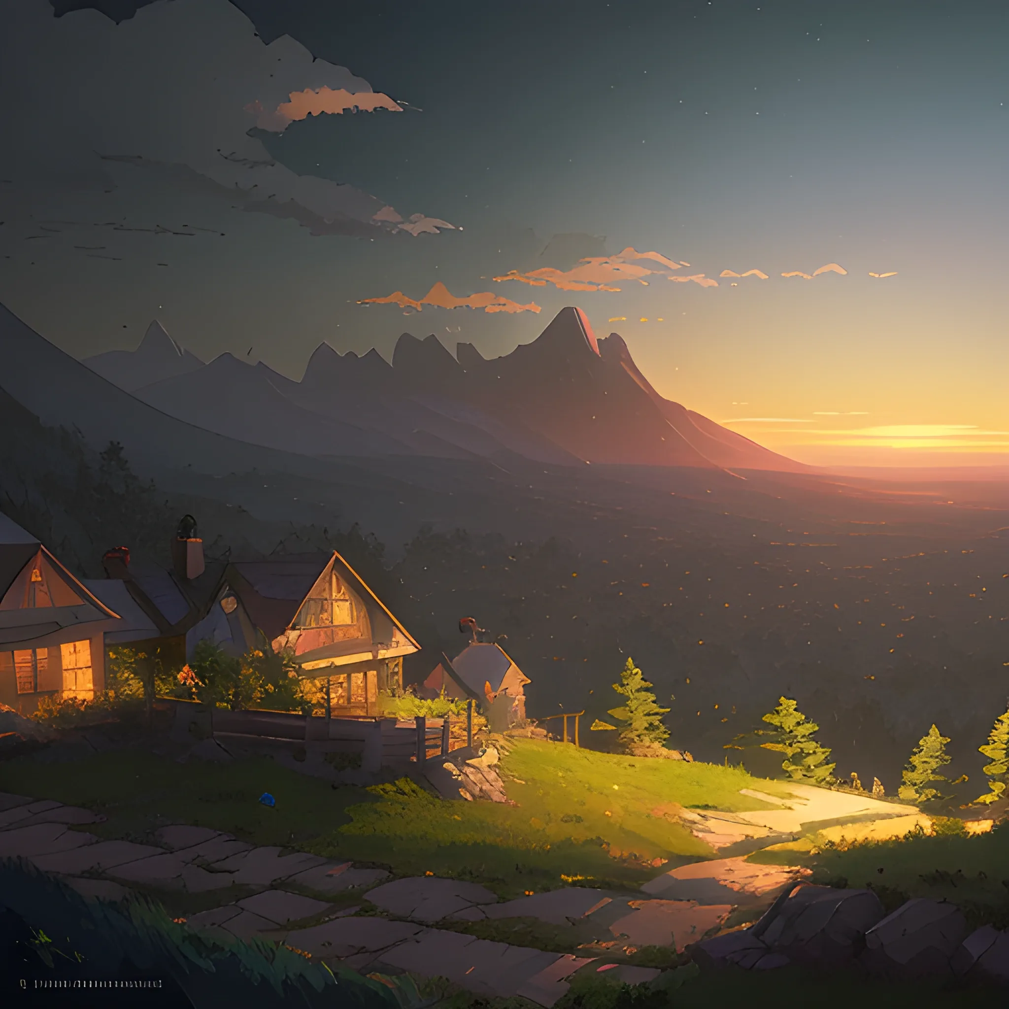 on a mountain, neighborhood as far as the eye can see, night... in the style of makoto shinkai and greg rutkowski and albert bierstadt and james gurney