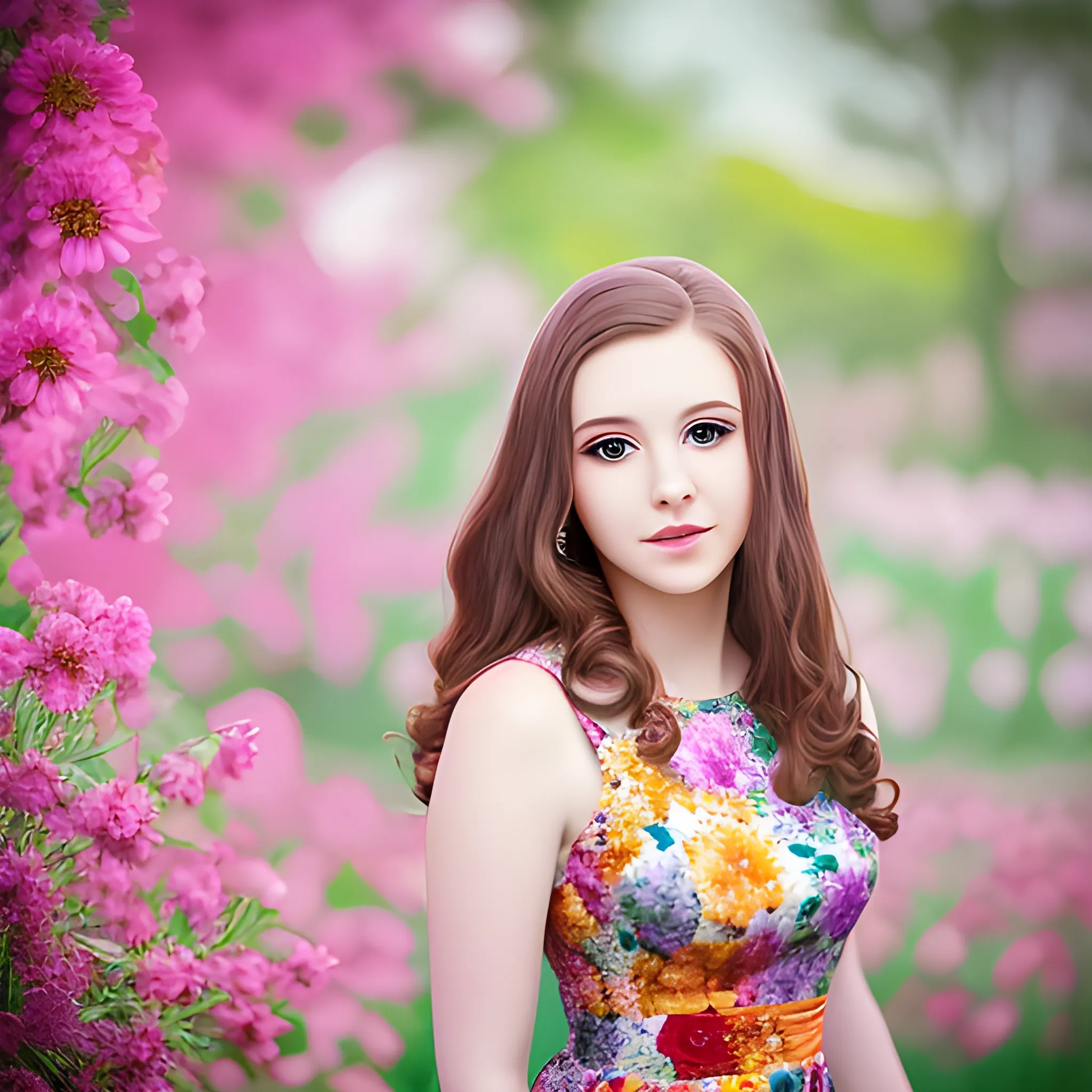 Beautiful woman, floral dress, colorful, blurred background for senior photography