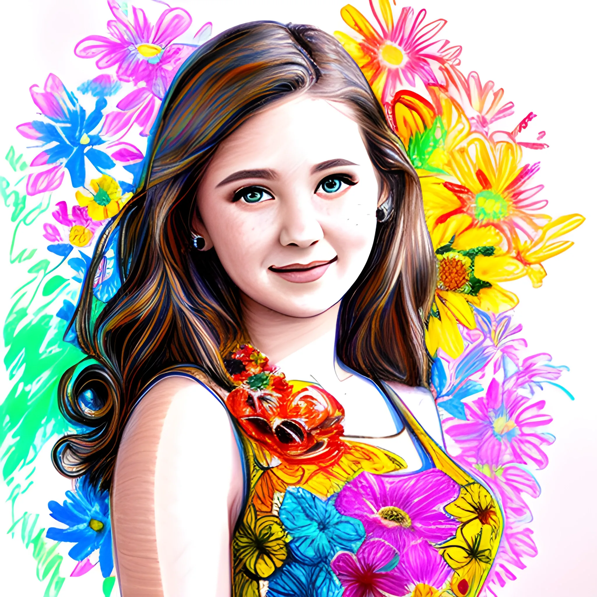 Beautiful woman, floral dress, colorful, blurred background for senior photography, Pencil Sketch