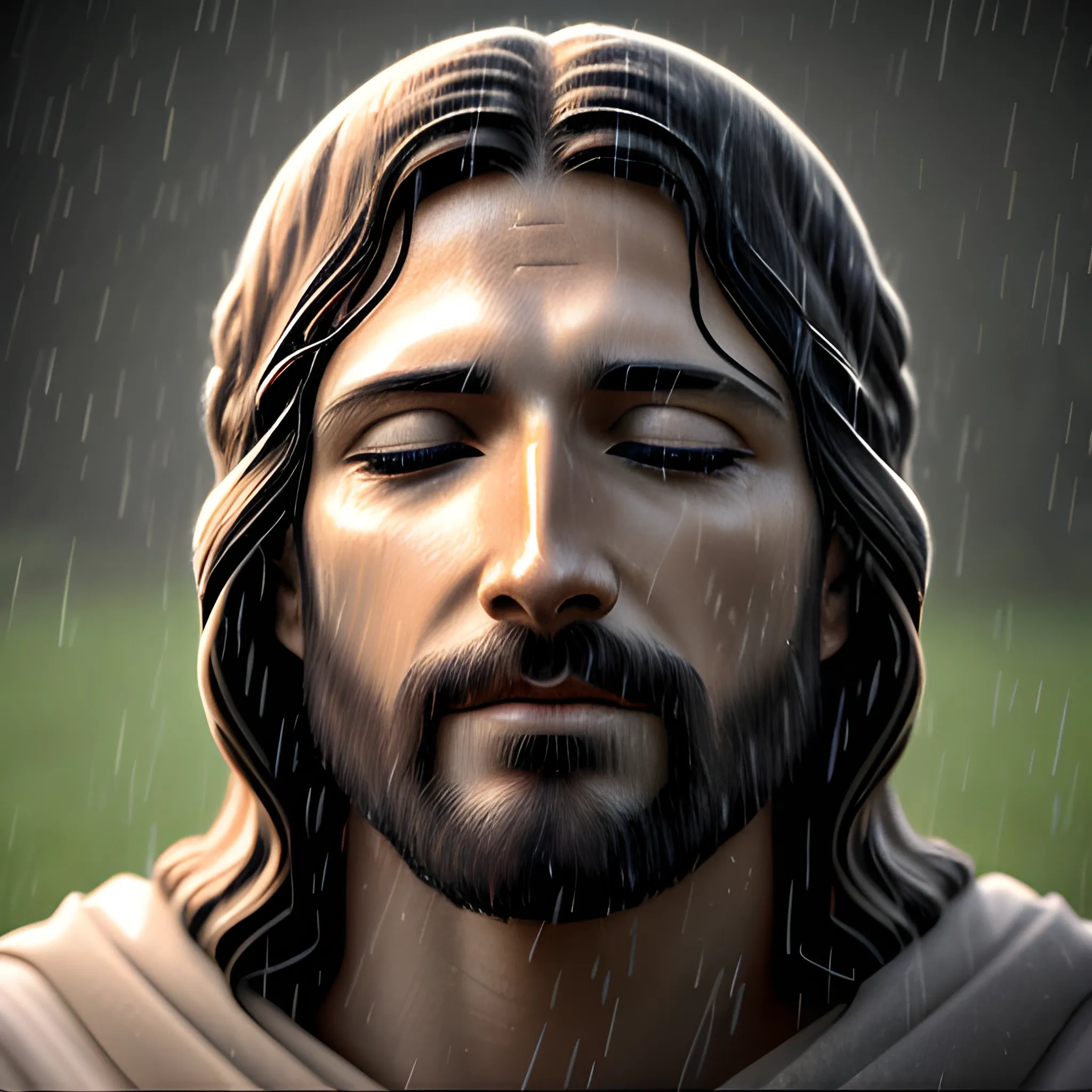 serene jesus christ in the rain, realistic, 4k, bright light face, open eyes, 3D