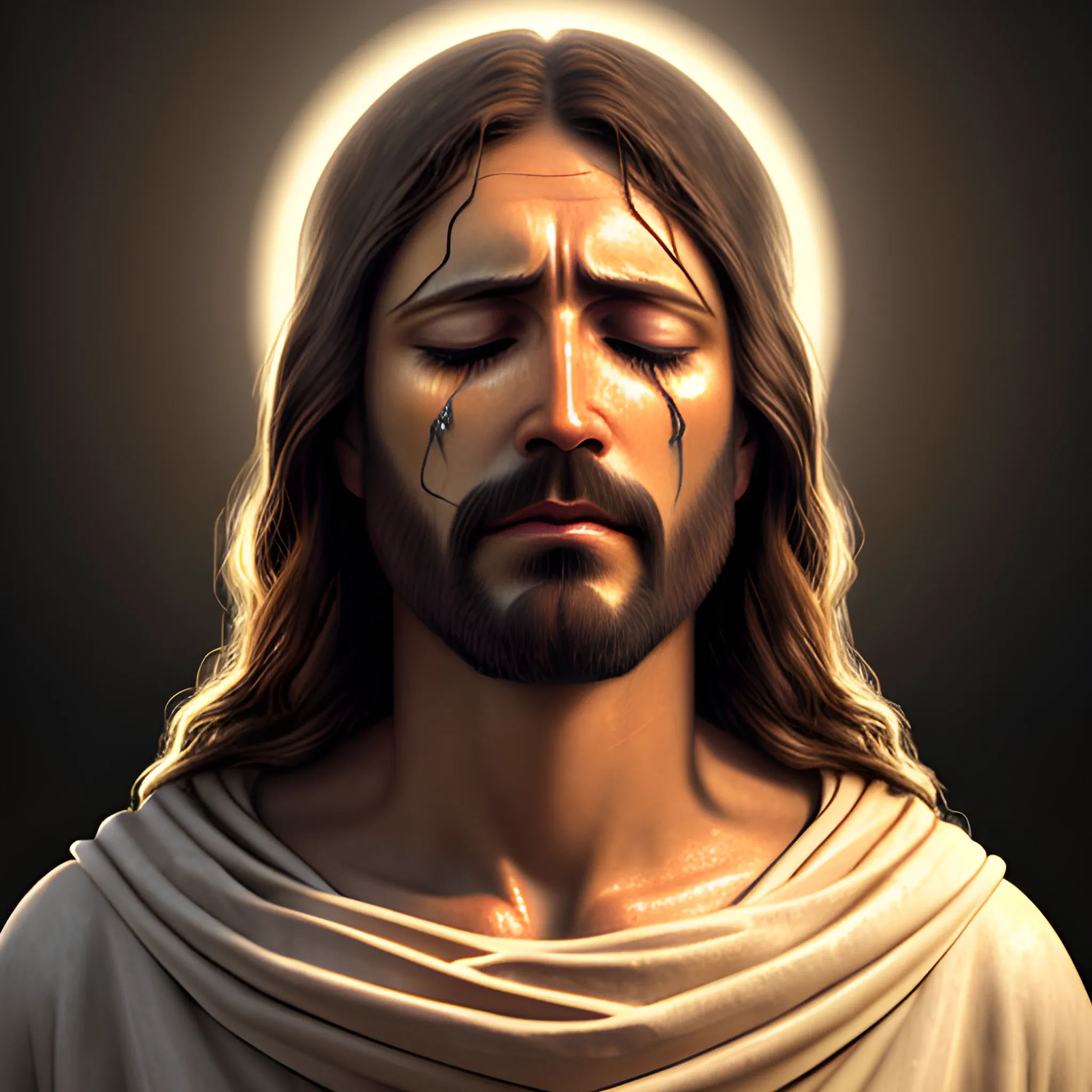 serene jesus christ crying, realistic, 4k, bright light face, open eyes, 3D