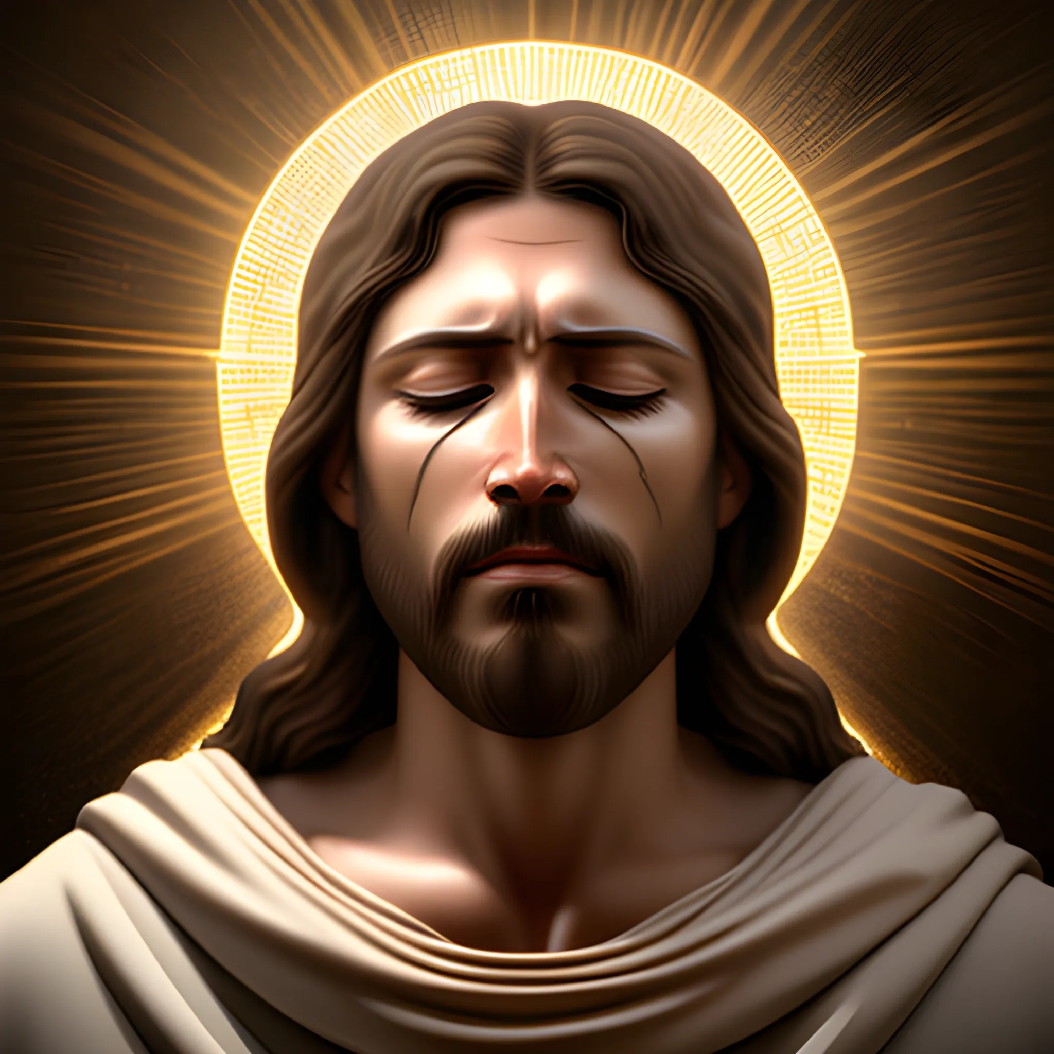 serene jesus christ crying, realistic, 4k, bright light face, open eyes, 3D, portraite, whole body 