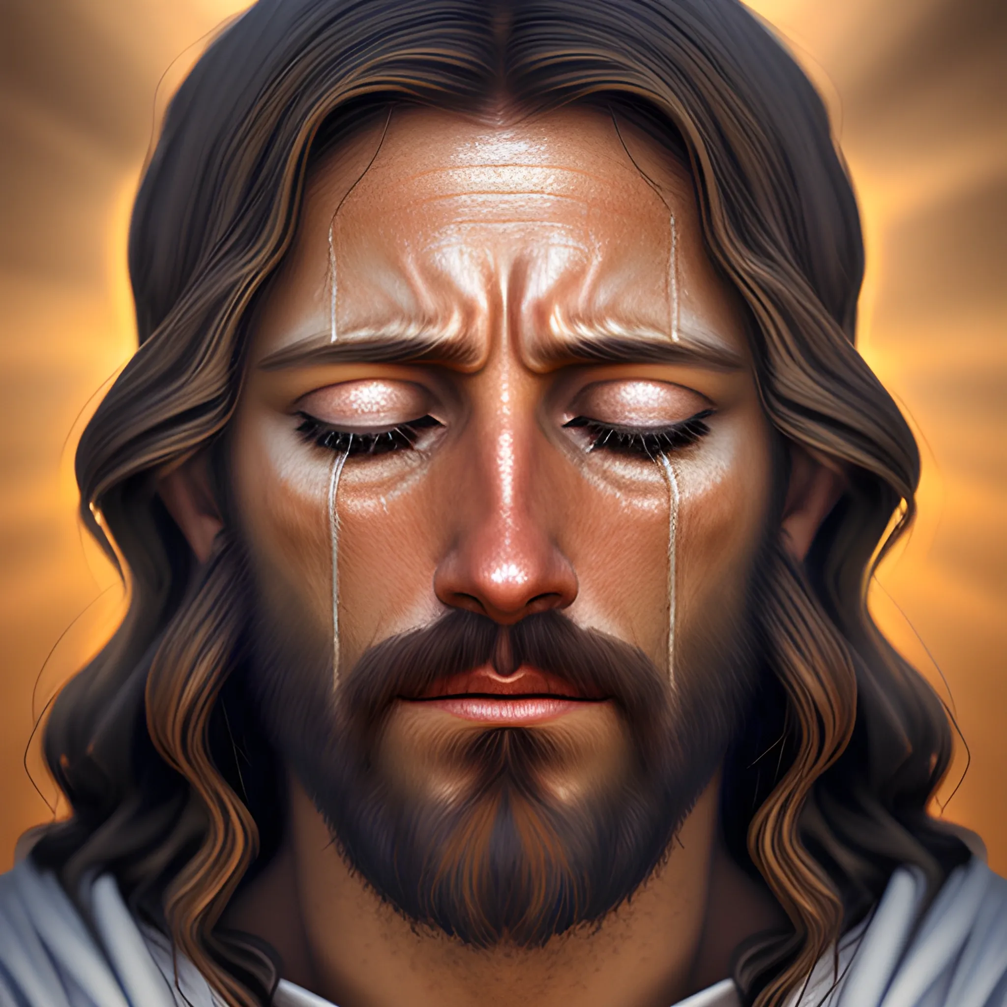 serene jesus christ crying, realistic, 4k, bright light face, open eyes, 3D, portraite, whole body 