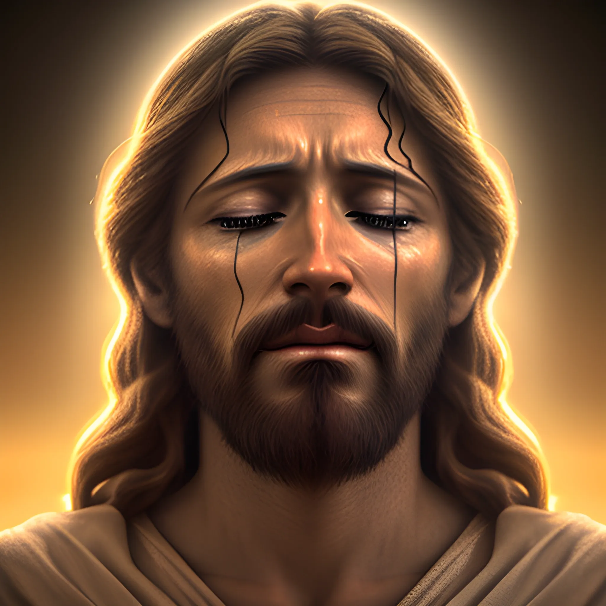 serene jesus christ crying, realistic, 4k, bright light face, open eyes, 3D, portraite, whole body 
