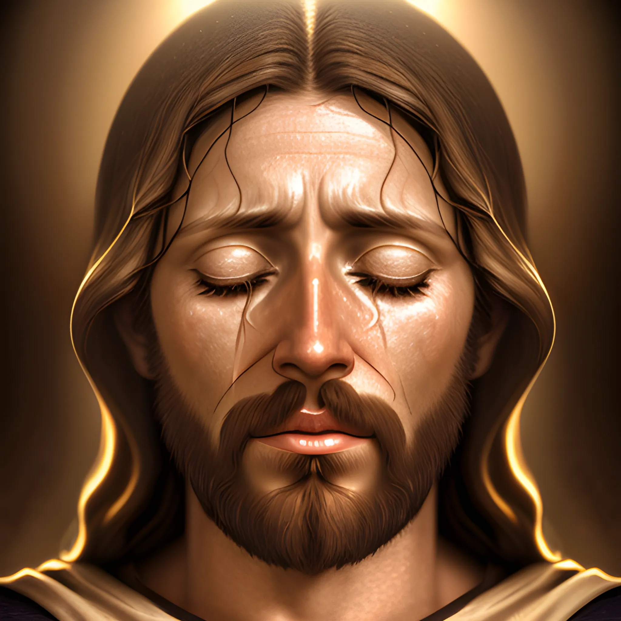 serene jesus christ crying, realistic, 4k, bright light face, open eyes, 3D, portraite, whole body 