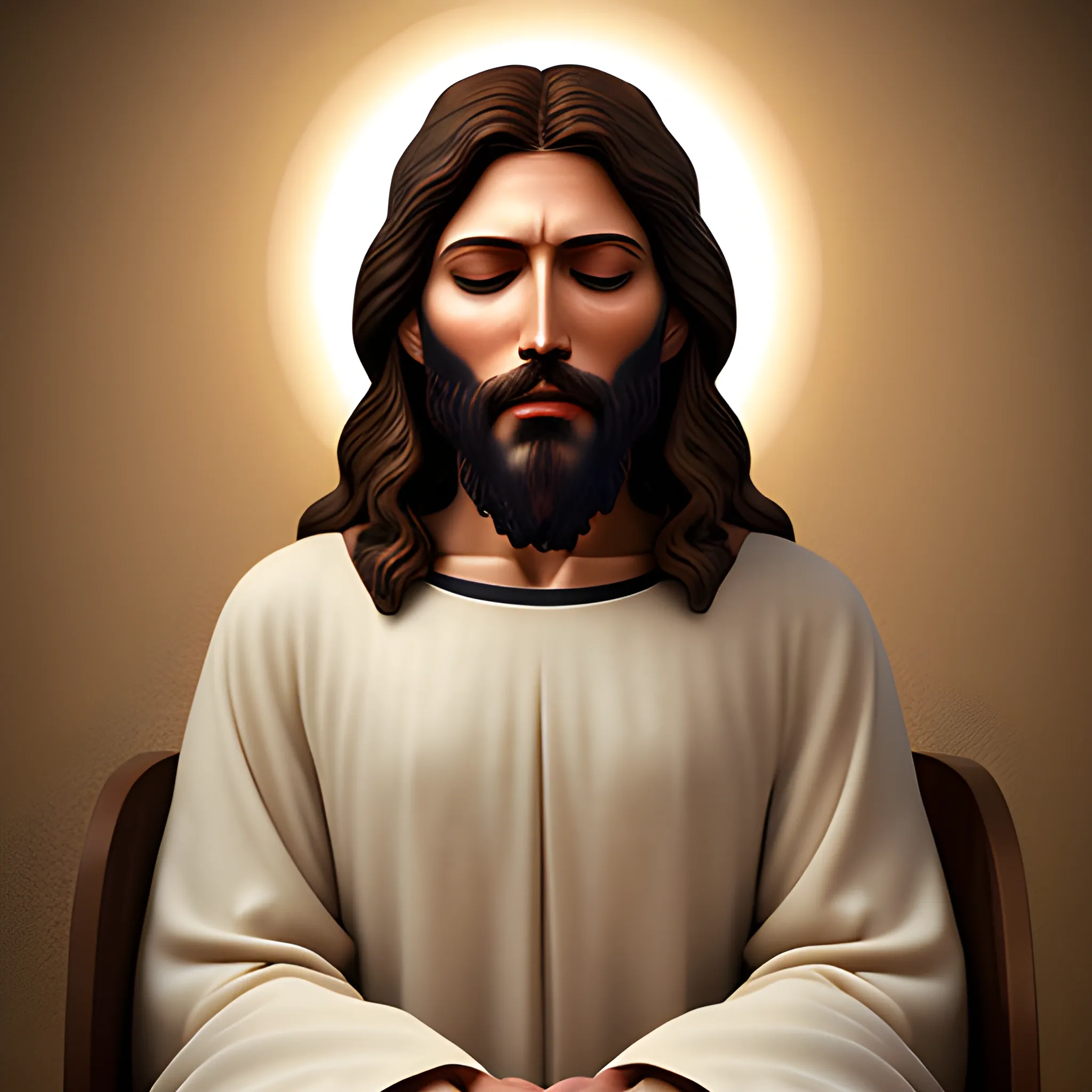 serene jesus christ sitting hearing someone talk, realistic, 4k, bright light face, open eyes, 3D, portraite, whole body 