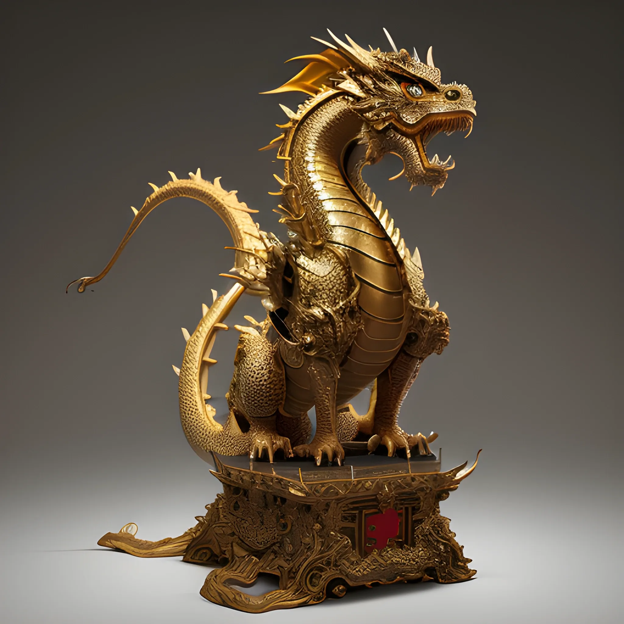 Chinese armored Chinese dragon, elegant and noble, warm cinematic lighting, in the style of baroque-inspired figurative works, photorealistic rendering, blink-and-you-miss-it detail, magewave, hyper-realistic details, Dark iron and light gold armor --v 6.0 --ar 1:1
