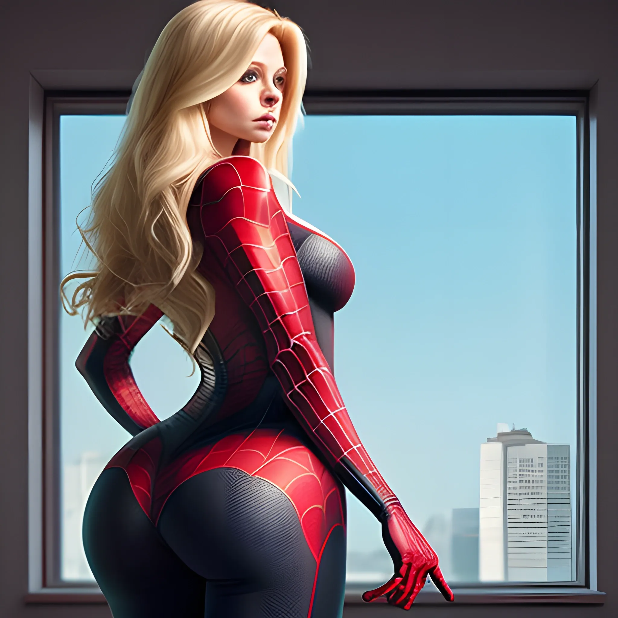 spiderwoman, showing breasts, pretty curvy body, long blond hair, wawy hair over her breasts, picture taken from behind