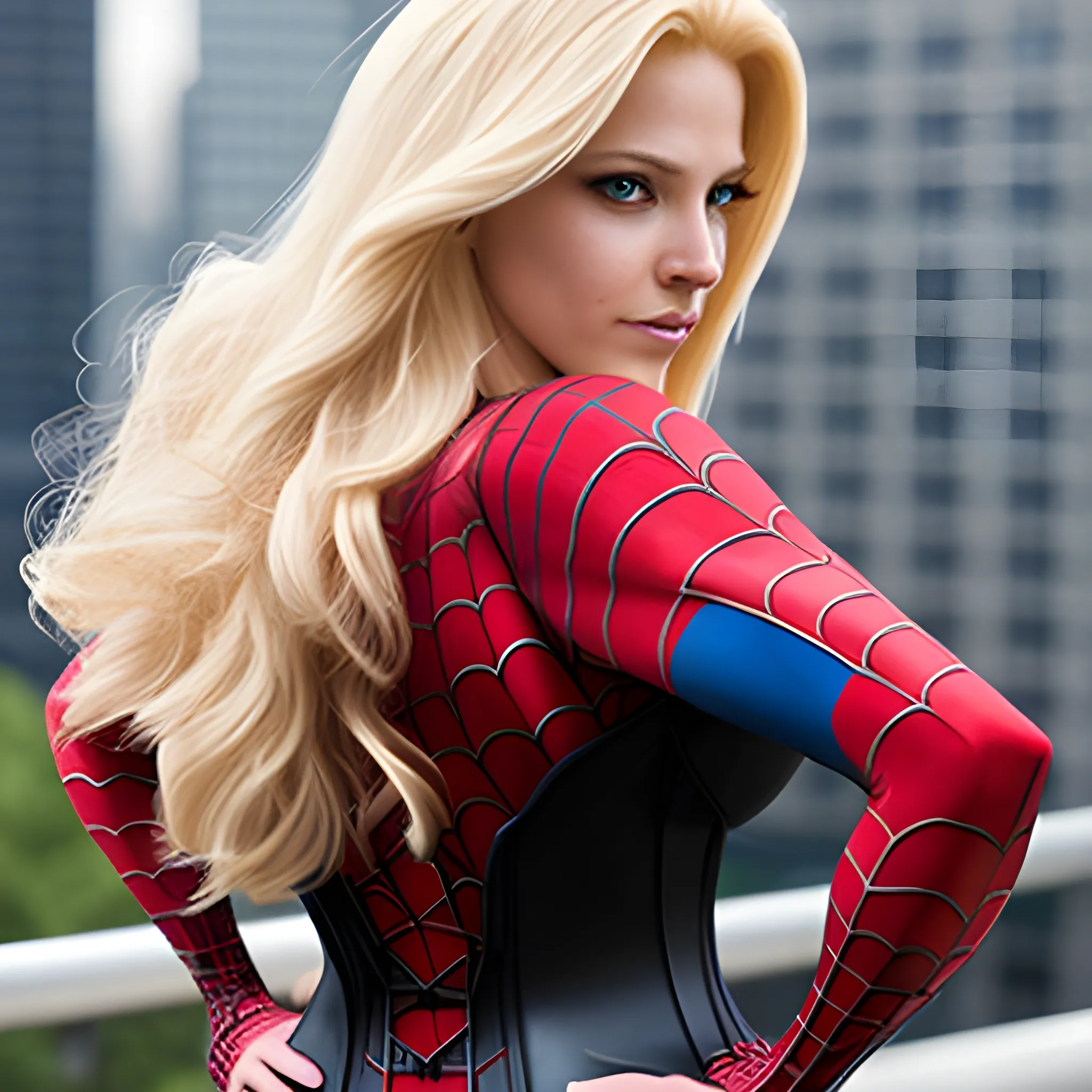 spiderwoman, showing breasts, pretty curvy body, long blond hair, wawy hair over her breasts, picture taken from behind, looking over shoulder, wearing spiderman corset