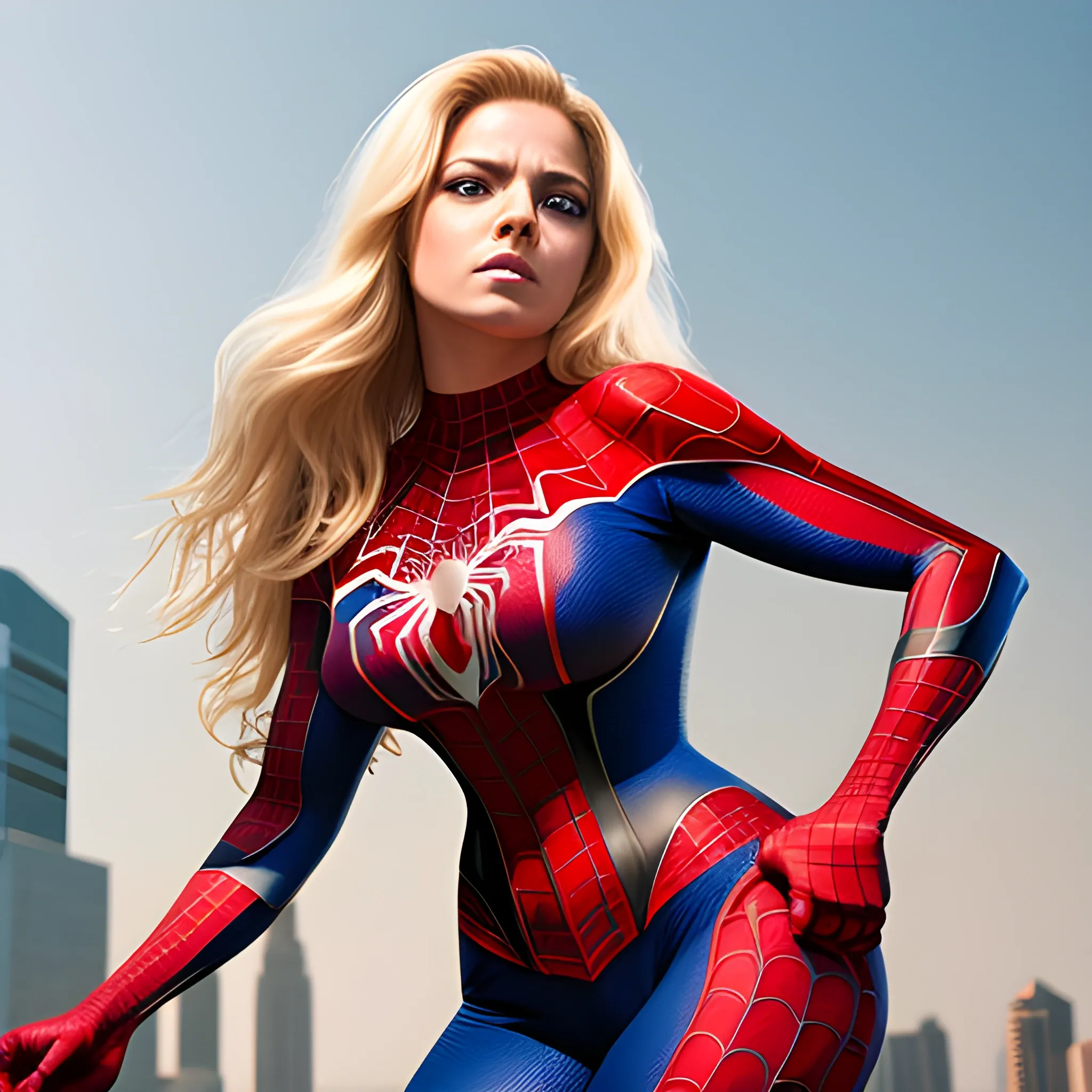 spiderwoman, showing breasts, pretty curvy body, long blond hair, wawy hair over her breasts, picture taken from front, looking over shoulder, wearing spiderman corset,