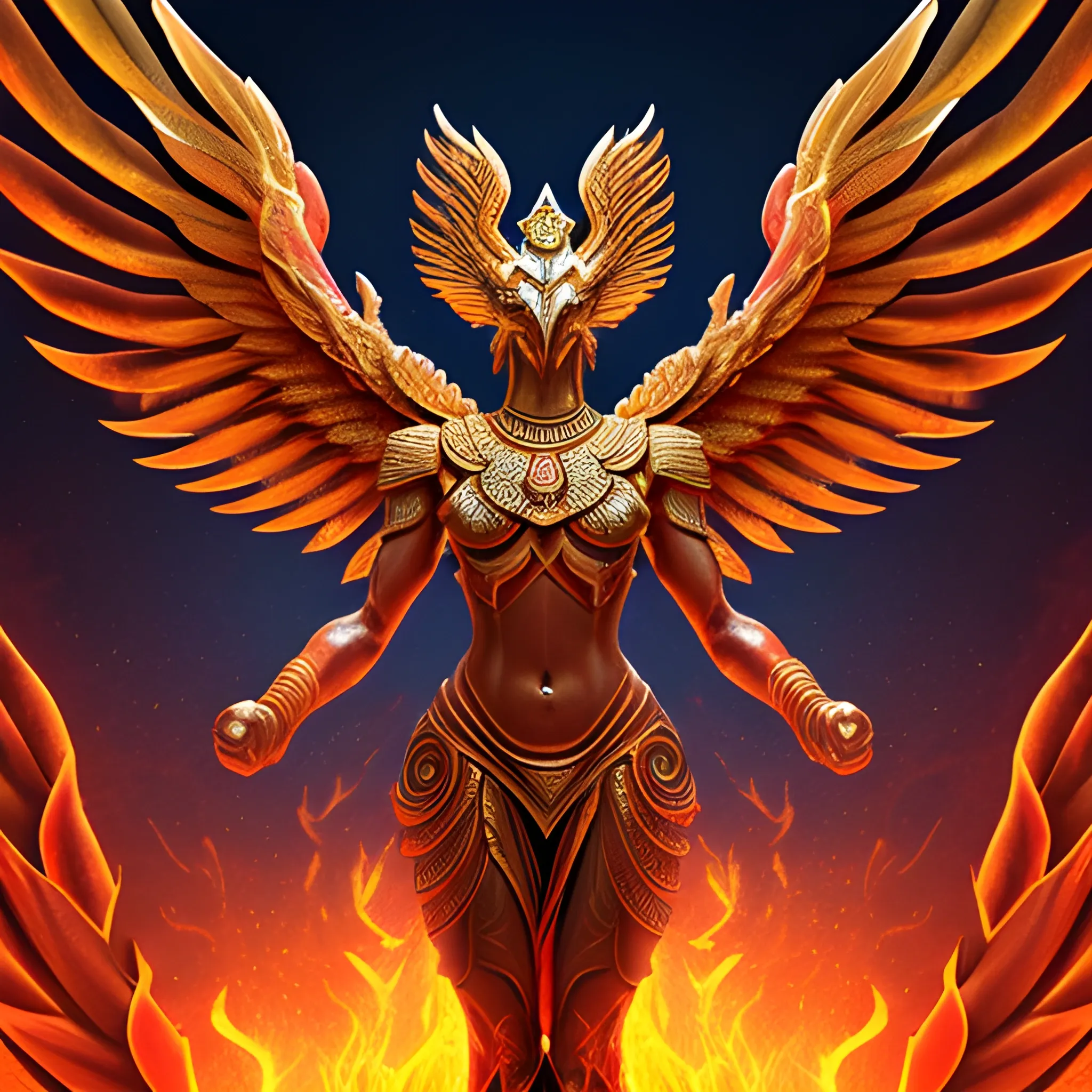 Full body Garuda risen from the ashes with the powers of the Phoenix and the dragon. Show in full frame. Draw outlines of glowing hexagons in the background. Ultra realistic render. Egyptian mythology.