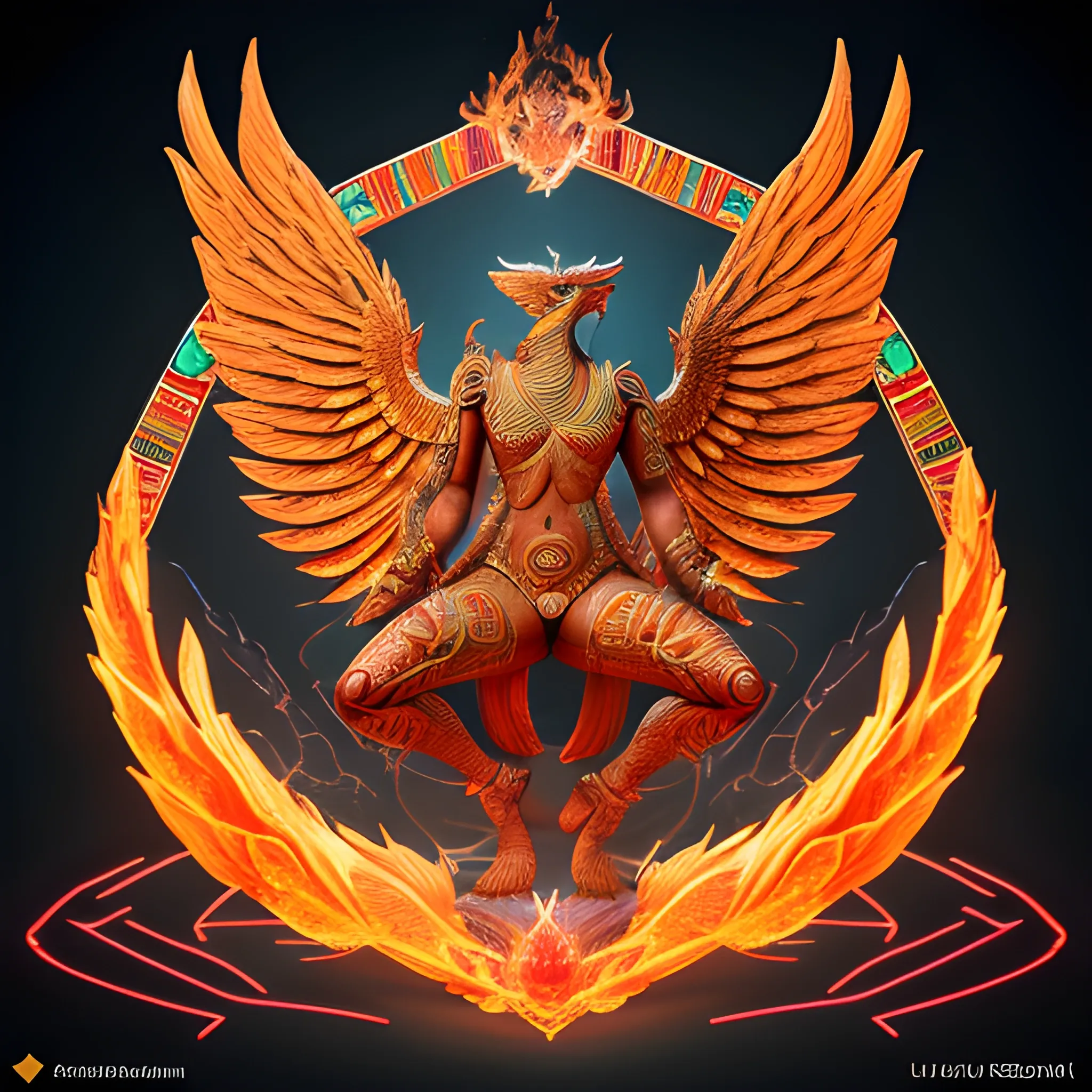 Full body Garuda risen from the ashes with the powers of the Phoenix and the dragon. Show in full frame. Masculine. Cancer astrology. Draw outlines of glowing hexagons in the background. Ultra realistic render. Egyptian mythology.