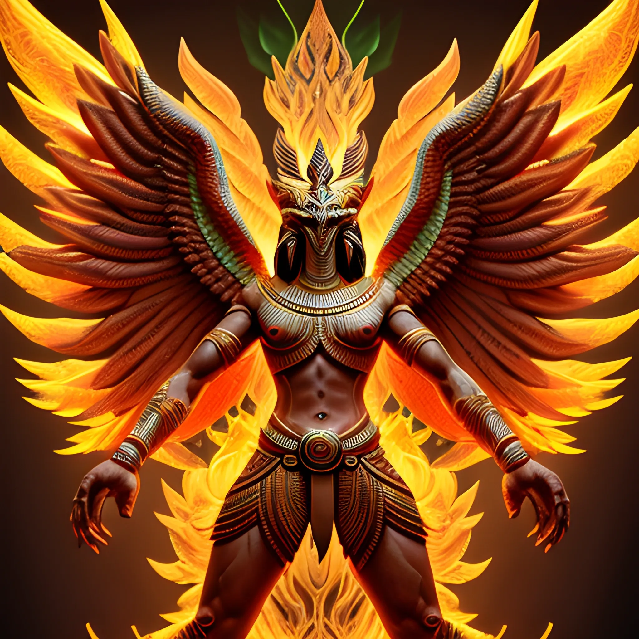 Full body Garuda risen from the ashes with the powers of the Phoenix and the dragon. Show in full frame. Masculine divine. Draw outlines of glowing hexagons in the background. Ultra realistic render. Egyptian mythology.