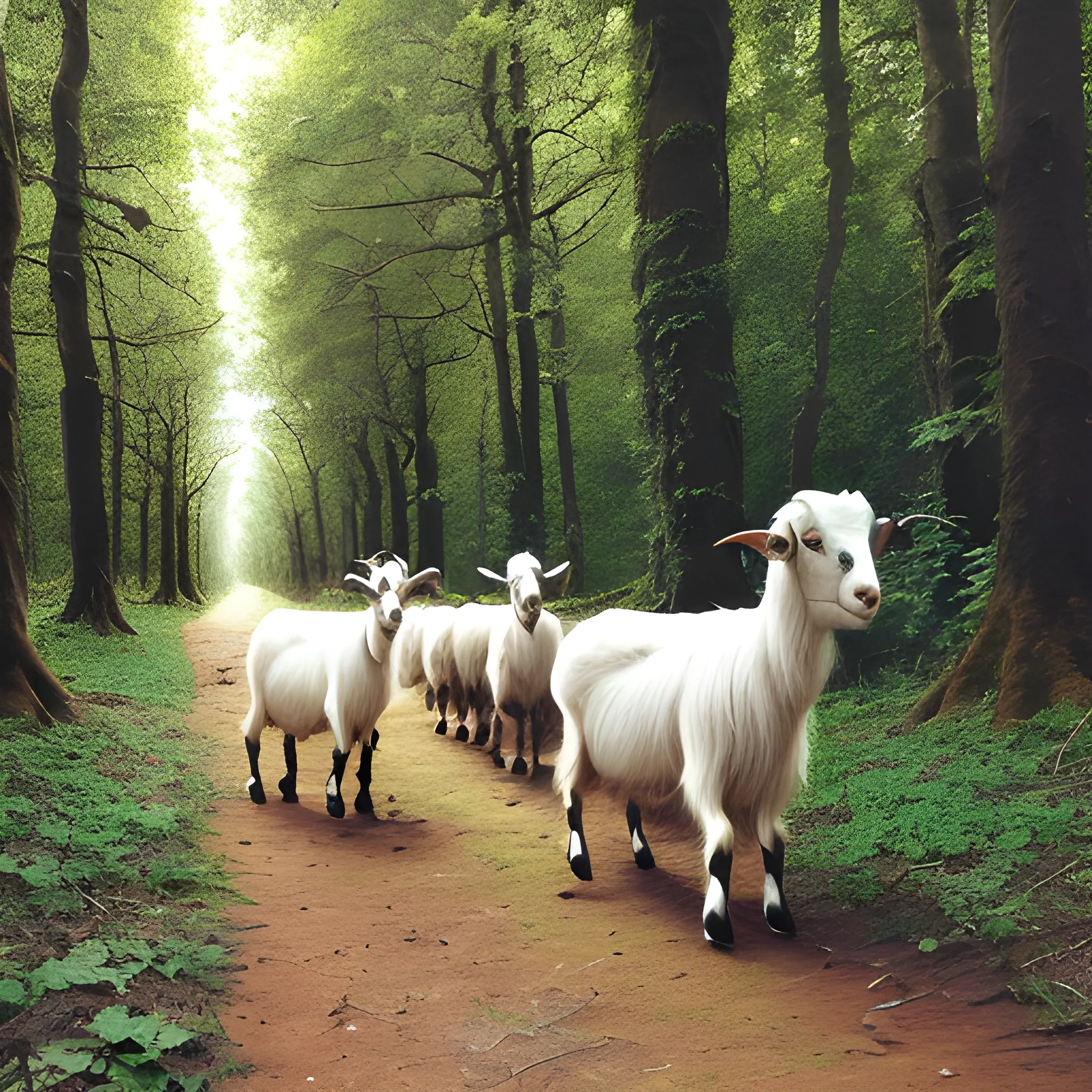 goats walking in a forest