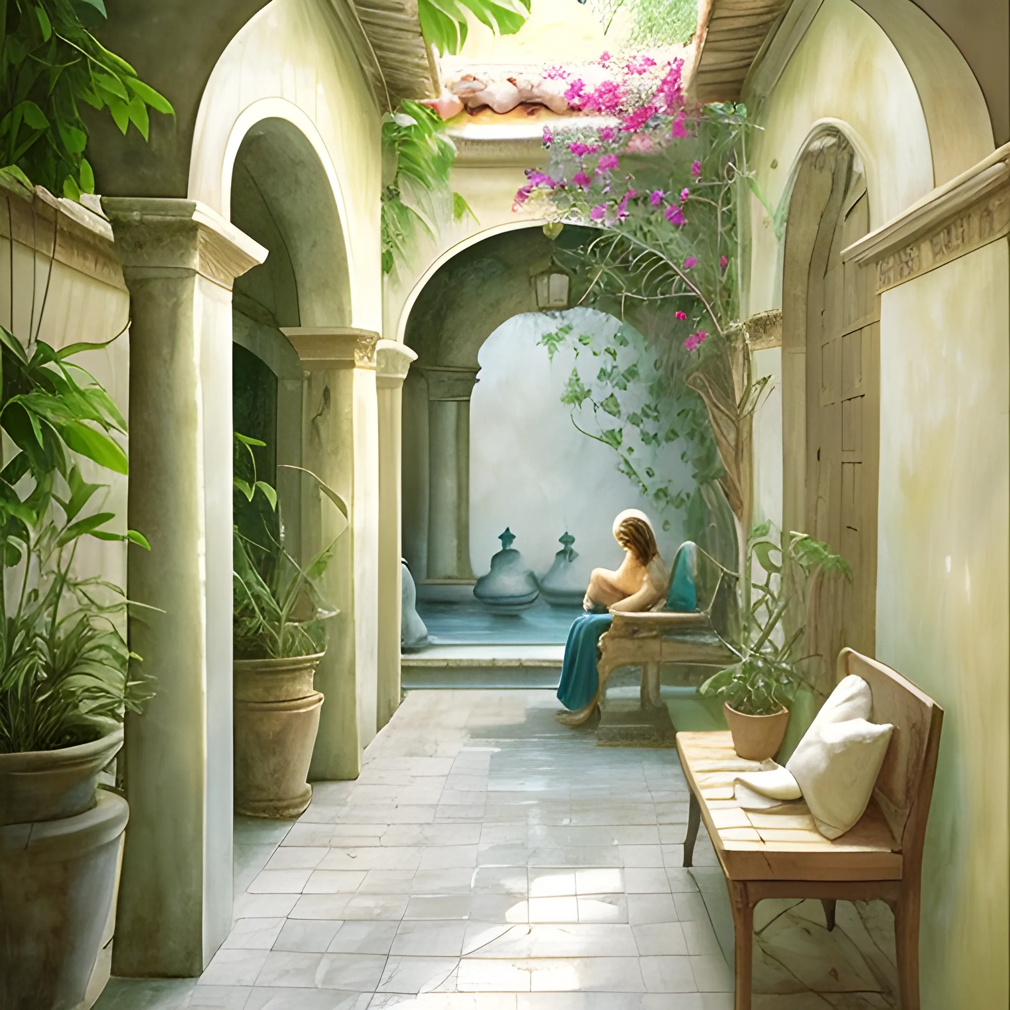 From a courtyard with a woman sitting on a bench in the shade I look at those scattered lights, and a circle of water in the cistern, and smell of jasmine and honeysuckle, I hear the silence of the sleeping bird, and I feel the humidity of the hallway, Water Color