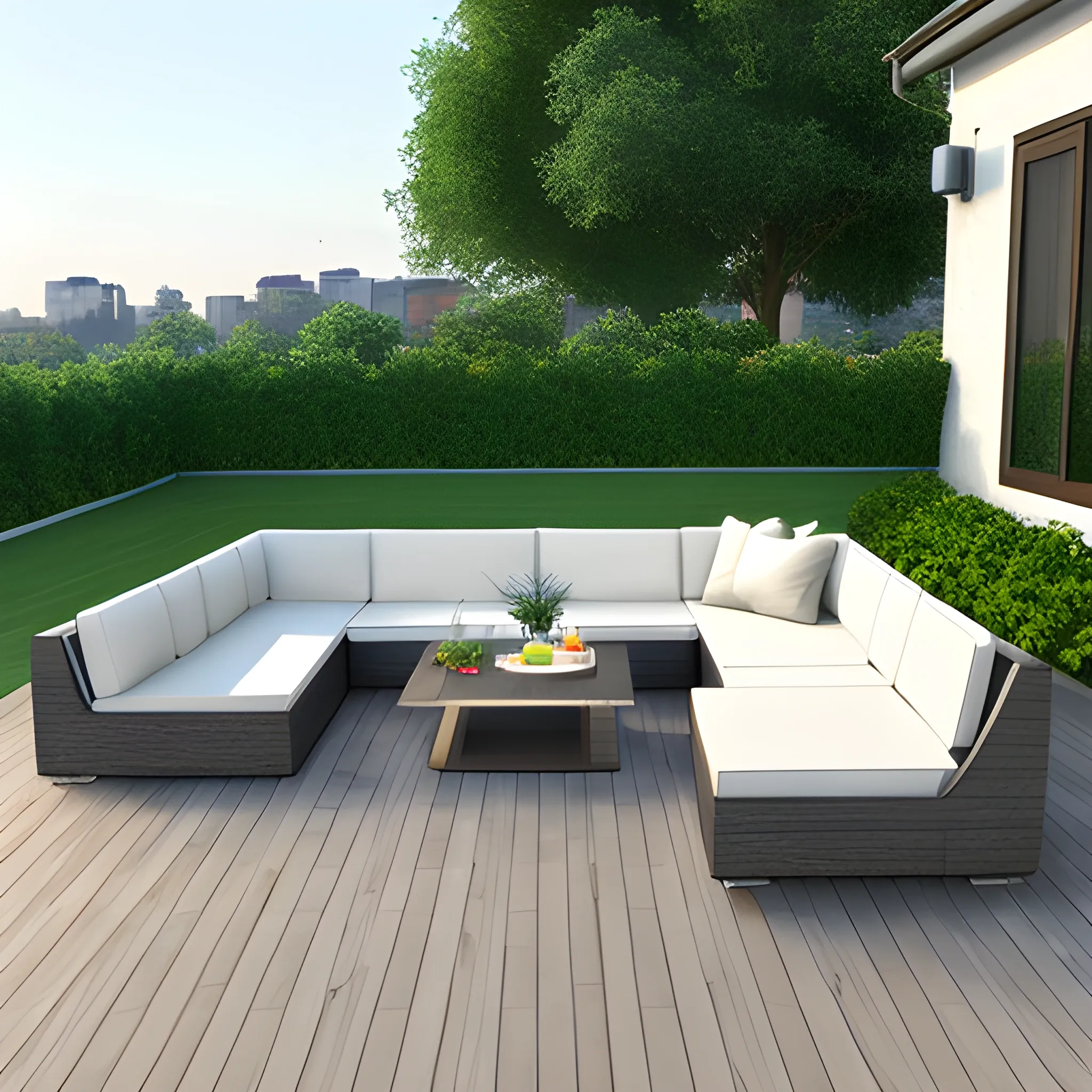 Garden veranda modern contemporary decking L shaped sofa, 3D