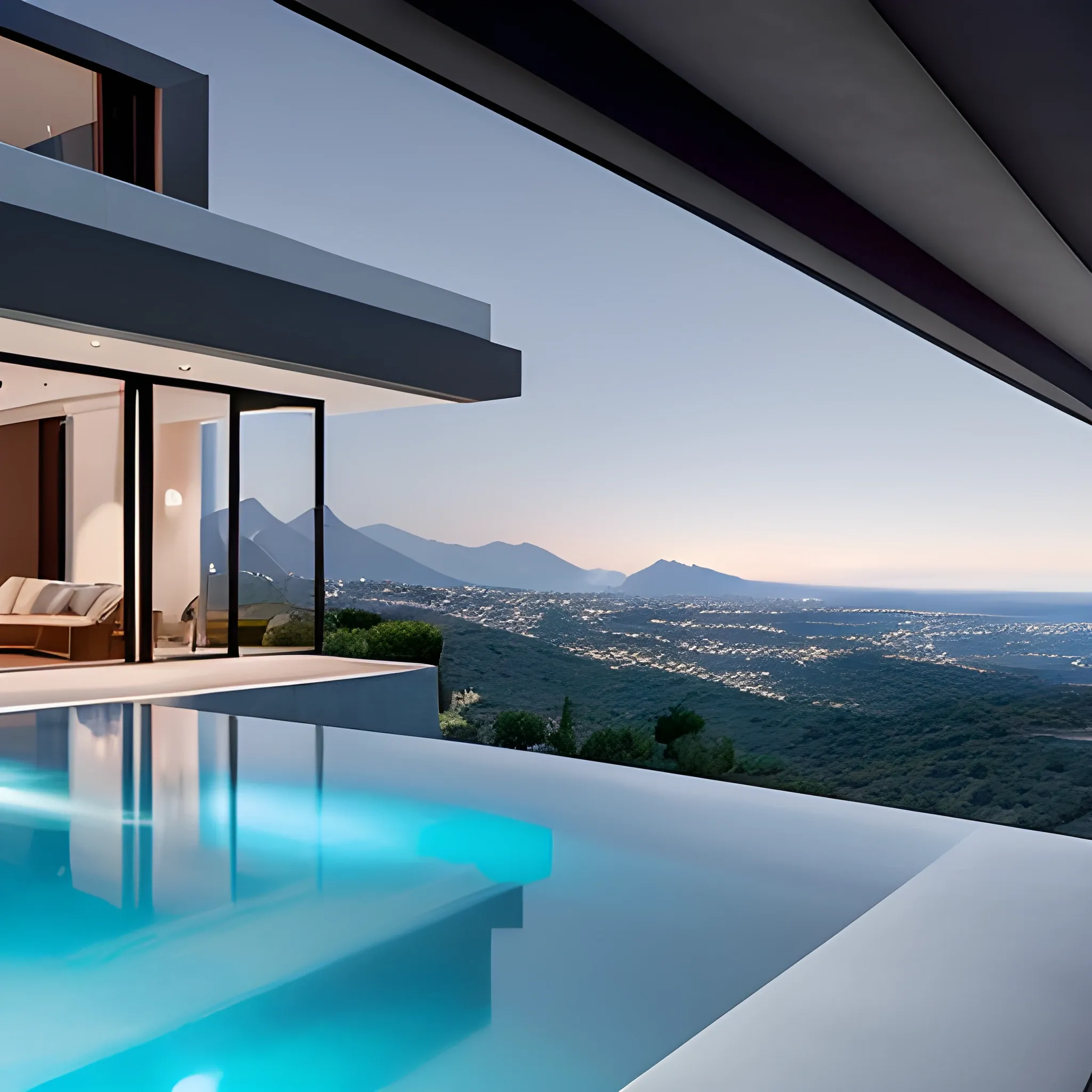 a luxery villa modern villa in dark grey color with infinity pool overlooking the mount of atlas . 
