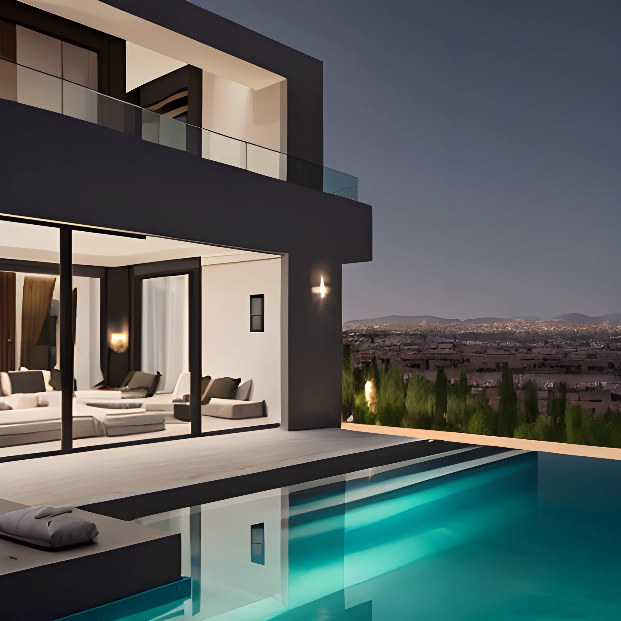 a picture cover for luxery villa modern villa in dark grey color with infinity pool overlooking the Marrakech city  . 
