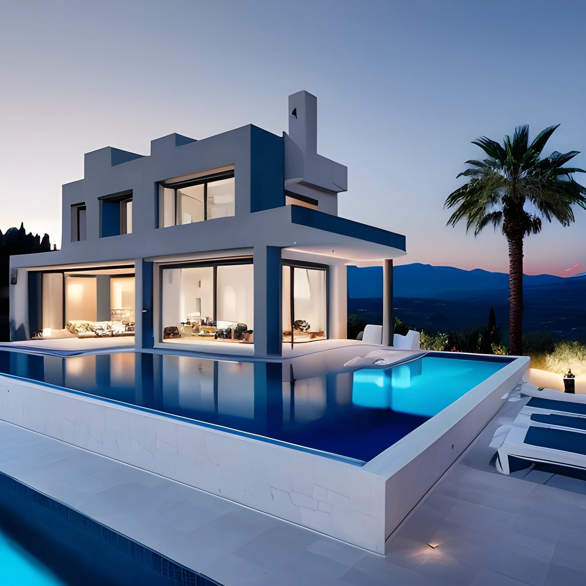 A modern villa in dark grey color with infinity pool overlooking the mount canigou. A palm tree on the right side of the pool mor colorer  with sky blue at night  with ah width : 1312 x hight : 540 
