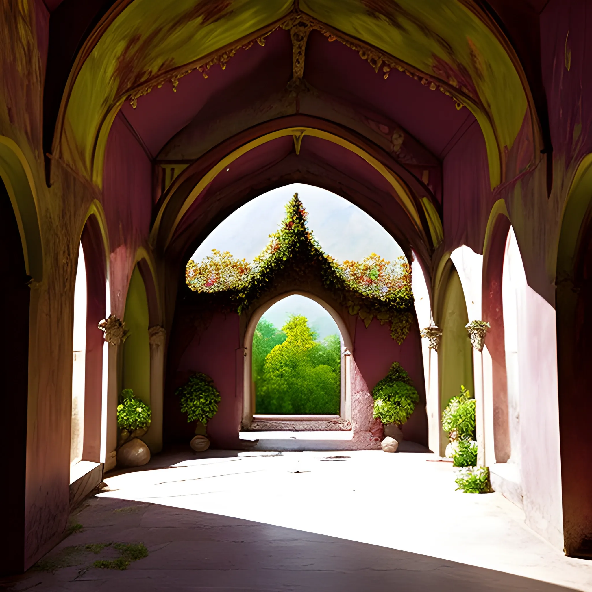 Cloister of an old abandoned monastery where maroon-leaved vines and grapes grow. Still living inside, some saddened monks, Water Color