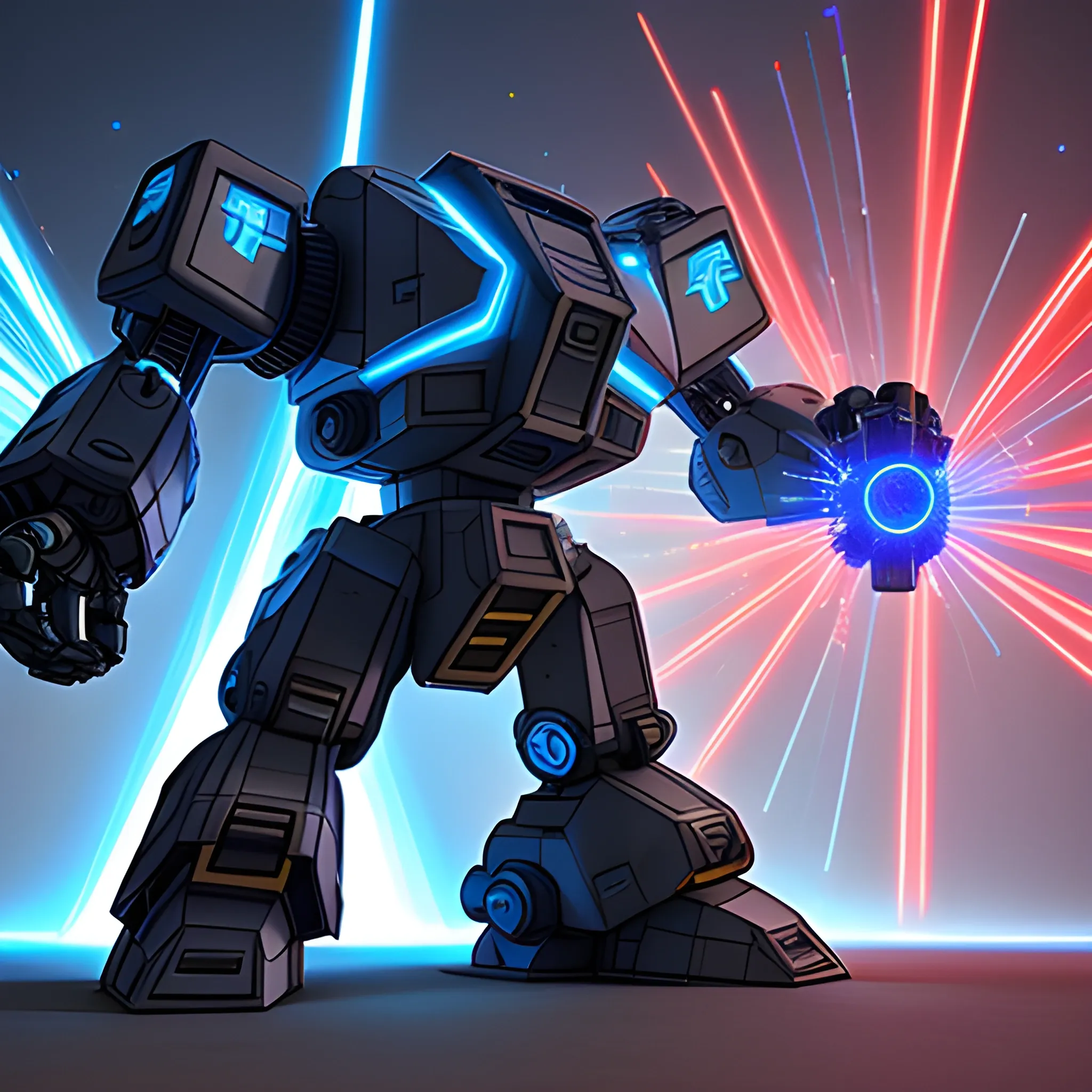 giant mech with laser blaster, blue core in the middle, 3D