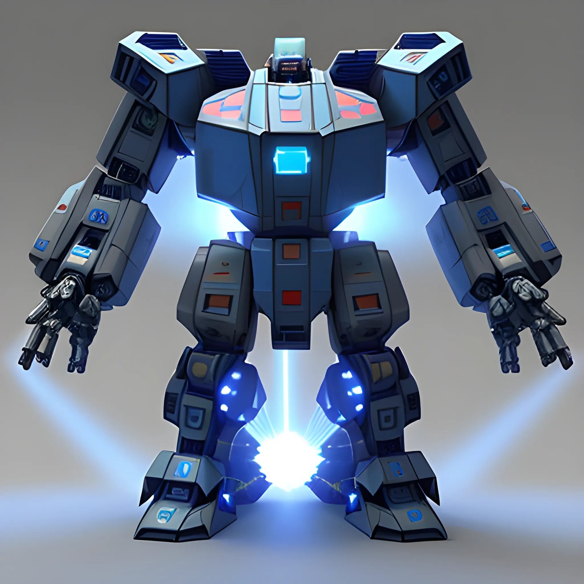 giant mech with laser blaster, blue core in the chest, 3D