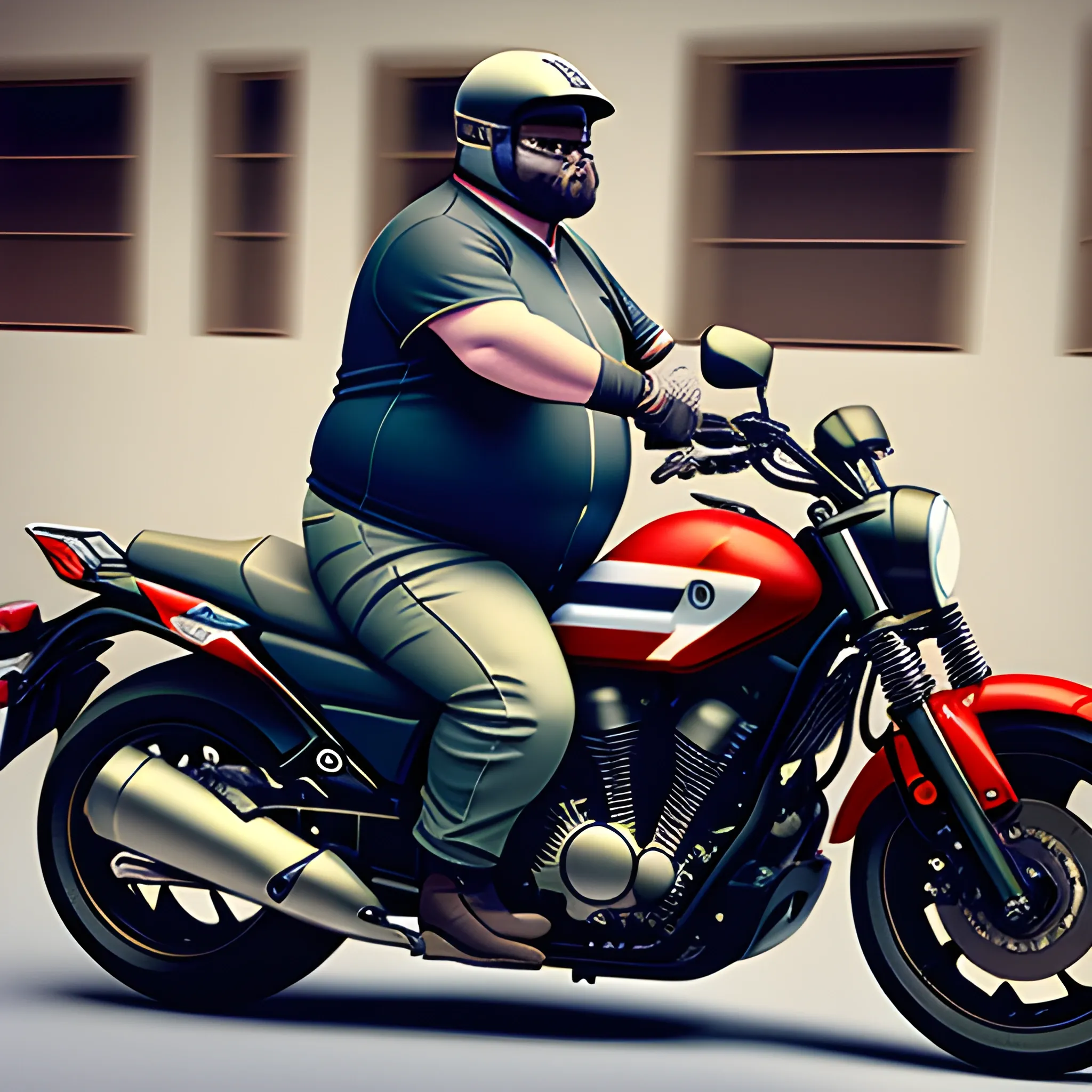 A very fat dad on a Yamaha motorcycle, who dresses in a shirt with the text MotoDad on his shirt and black pants with a belt, 3D