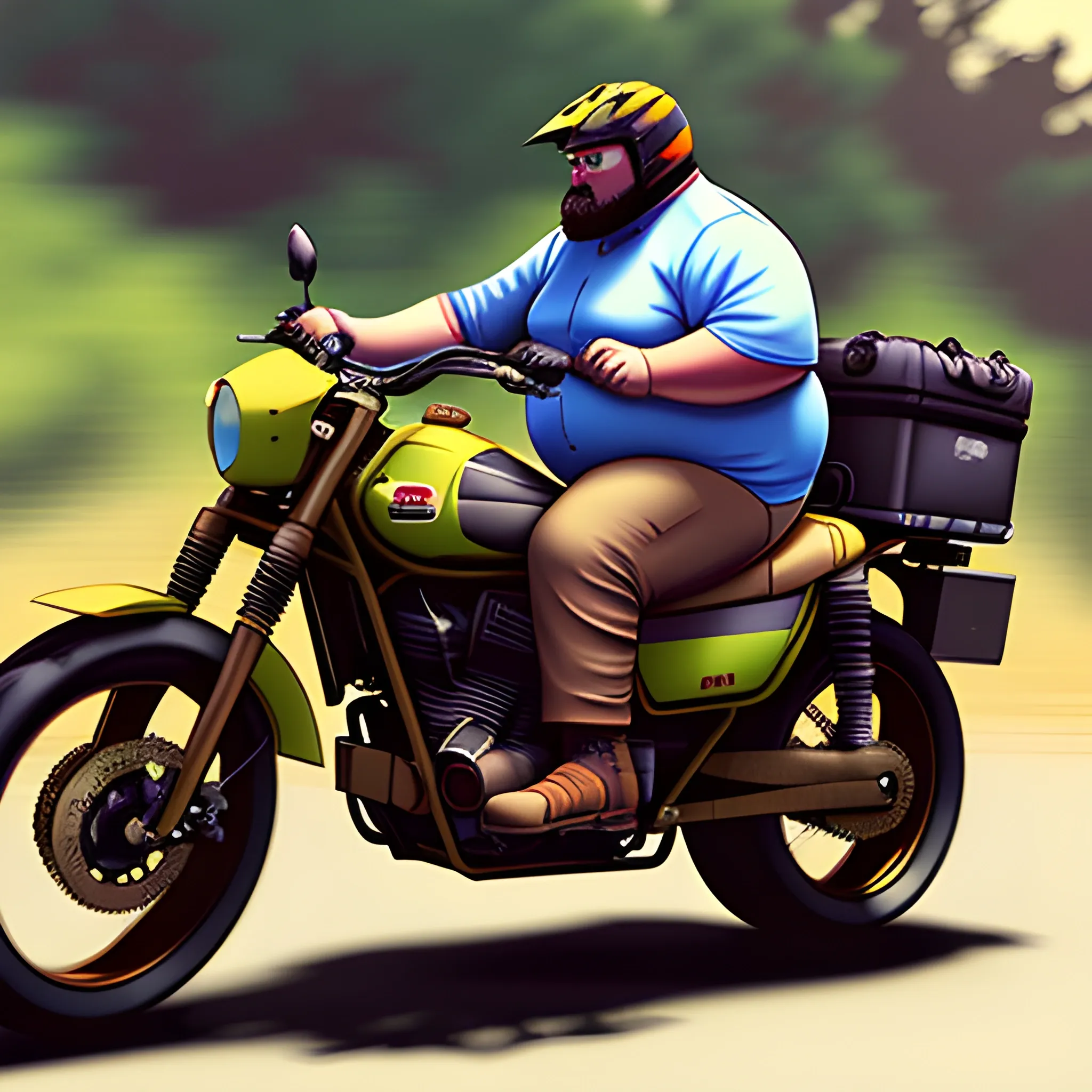 A very fat dad on a adventure motorcycle, who dresses in a shirt with the text MotoDad, 3D