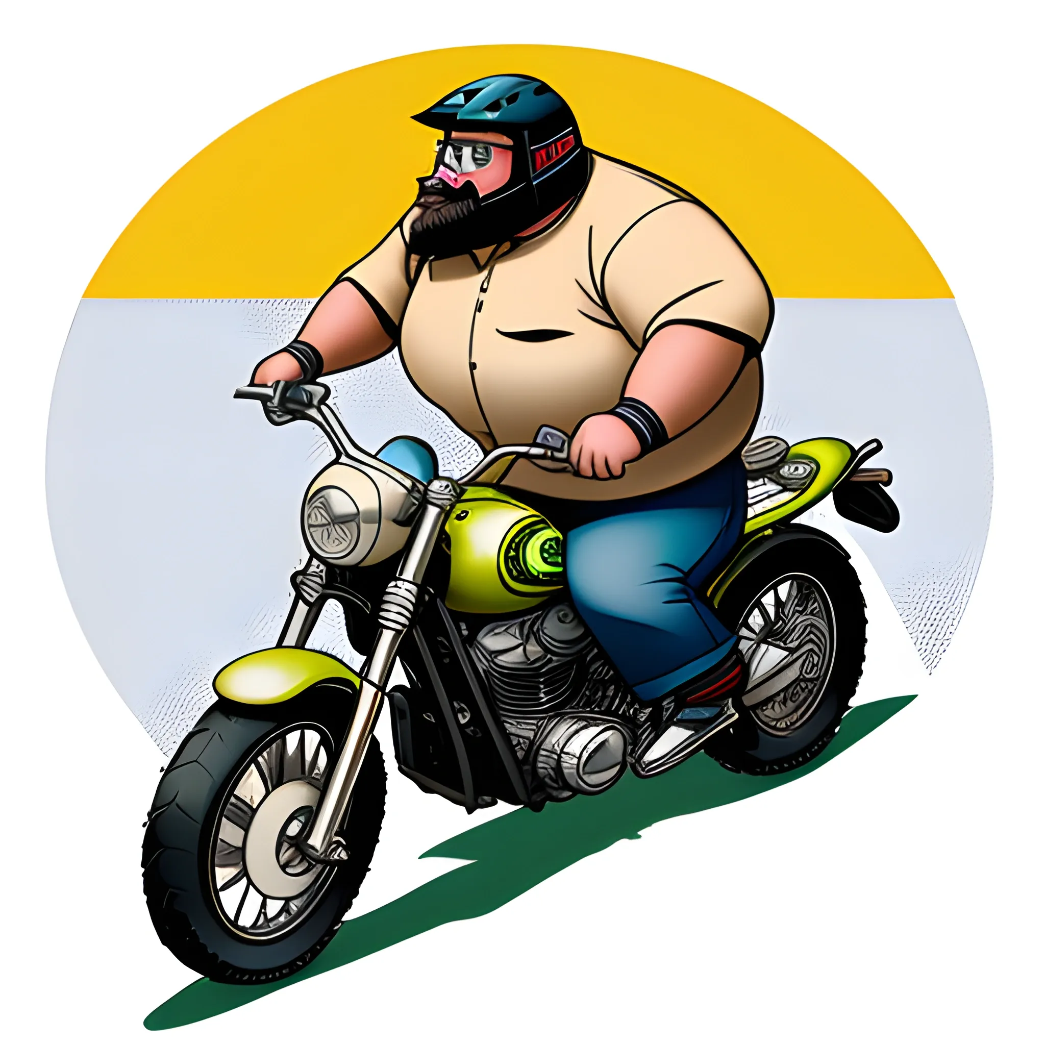 A fat dad on a adventure motorcycle, in a shirt that says Motodad, 3D